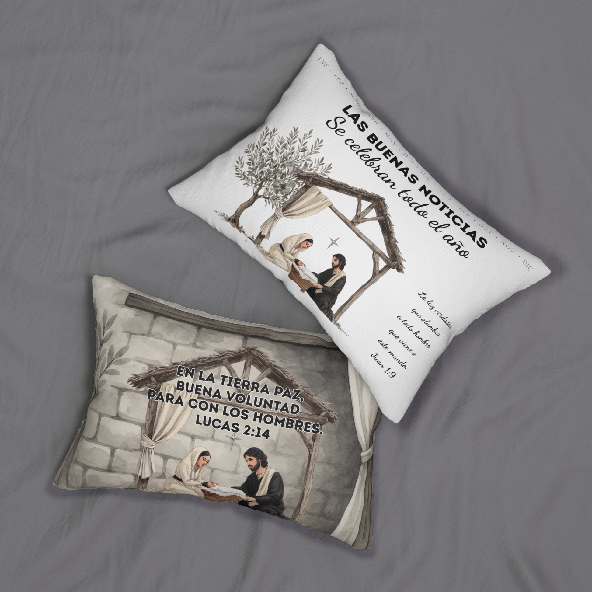 Nativity Lumbar Pillow — "Las Buenas Noticias" Spanish Year Round Christmas Decor with Bible Verse