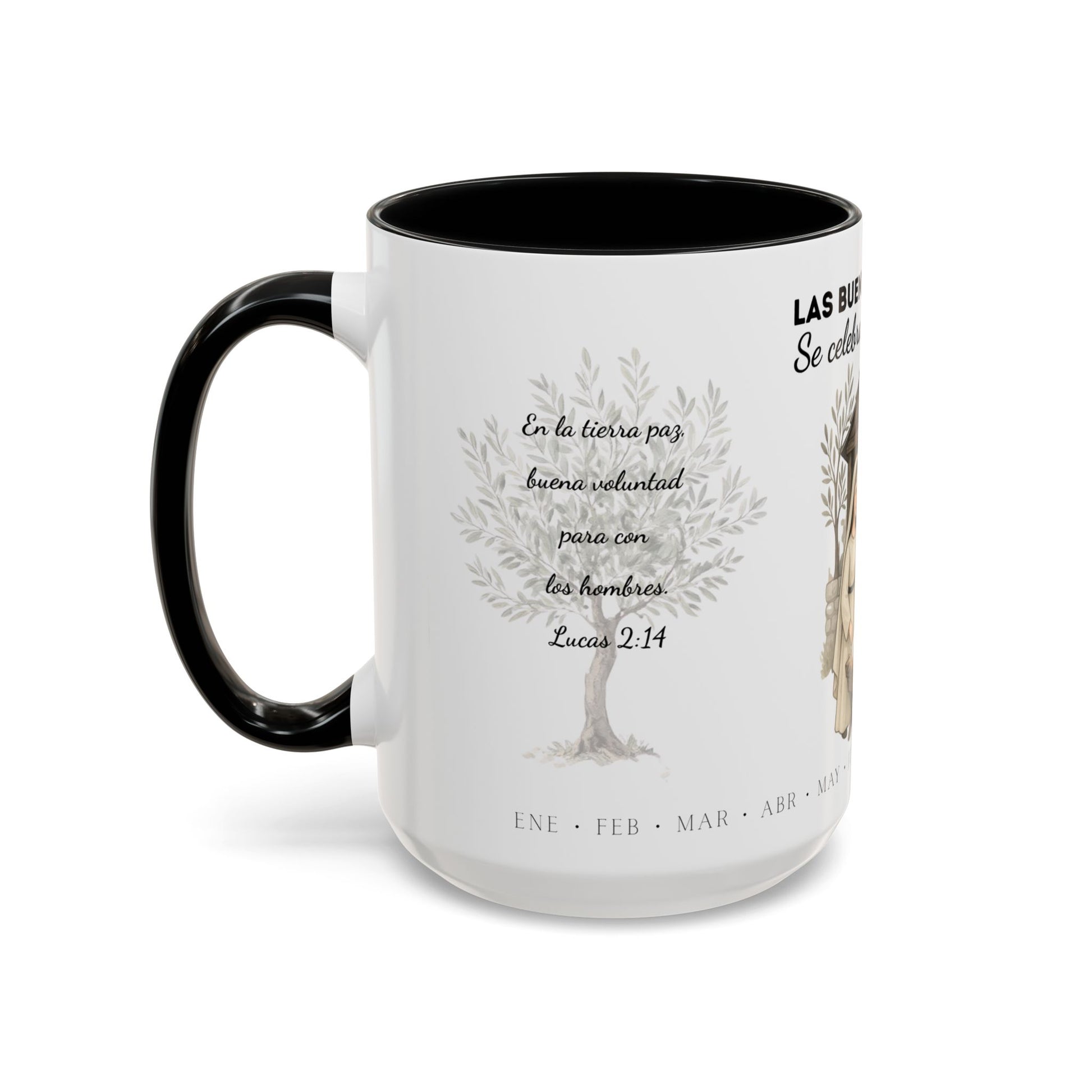 Year Round Nativity Coffee Mug — "Las Buenas Noticias se Celebran todo el Año" Christian Christmas Mug