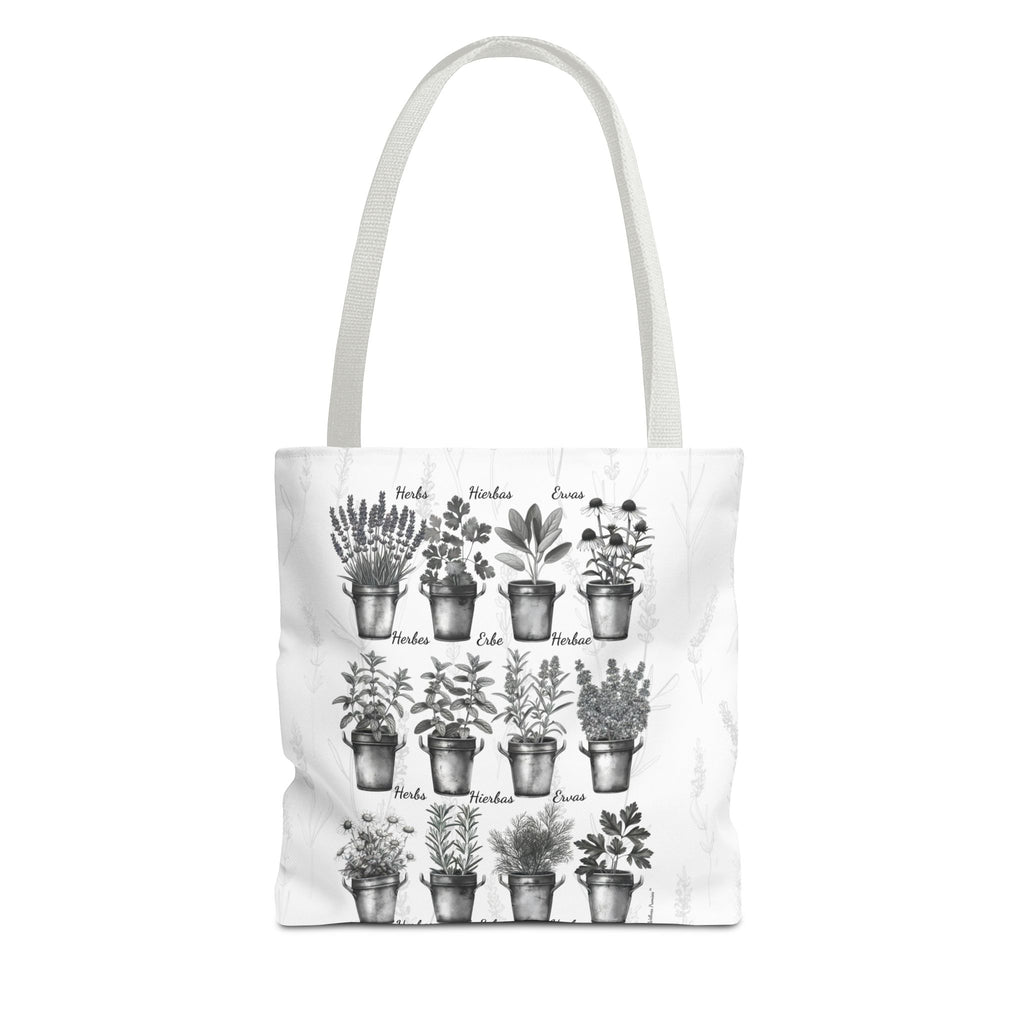 6 Language Black & White Herbal Garden Tote Bag | Botanical Shopping Tote | Eco-Friendly Grocery Bag, Plant Lover Gift, Garden Decor, Mothers Day