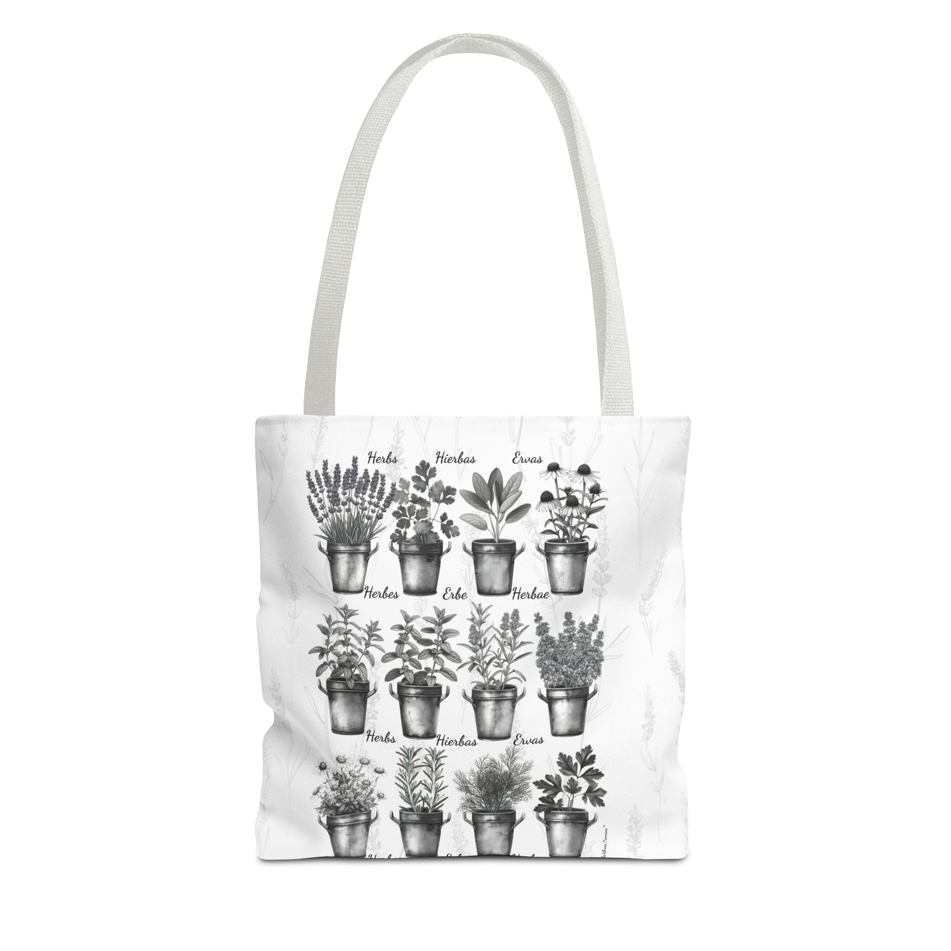 6 Language Black & White Herbal Garden Tote Bag | Botanical Shopping Tote | Eco-Friendly Grocery Bag, Plant Lover Gift, Garden Decor, Mothers Day