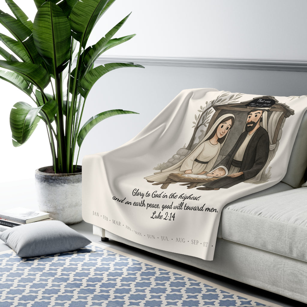 Nativity Sherpa Fleece Blanket – "Celebrate Good News All Year" Christian Christmas Throw with Luke 2:14
