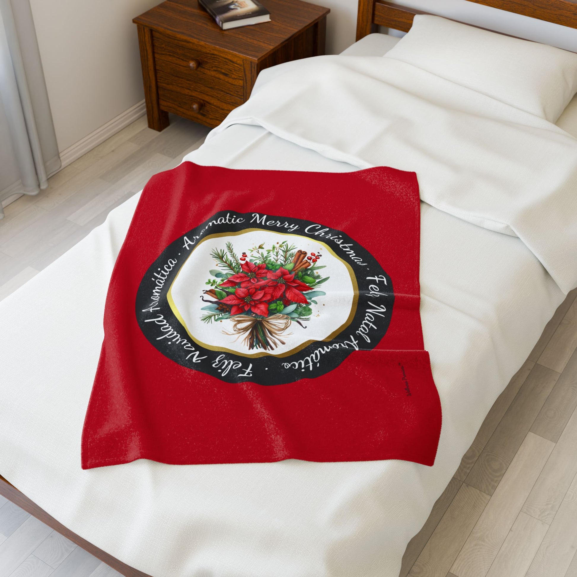 Christmas Herbal and Poinsettia Design in Three Languages- Plush Blanket