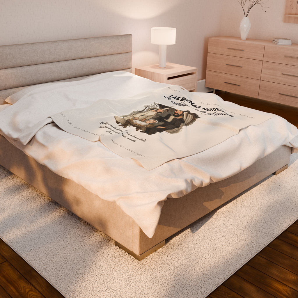 Nativity Year Round Velveteen Blanket (Cream Color)- "Las Buenas Noticias" Spanish Nativity Throw