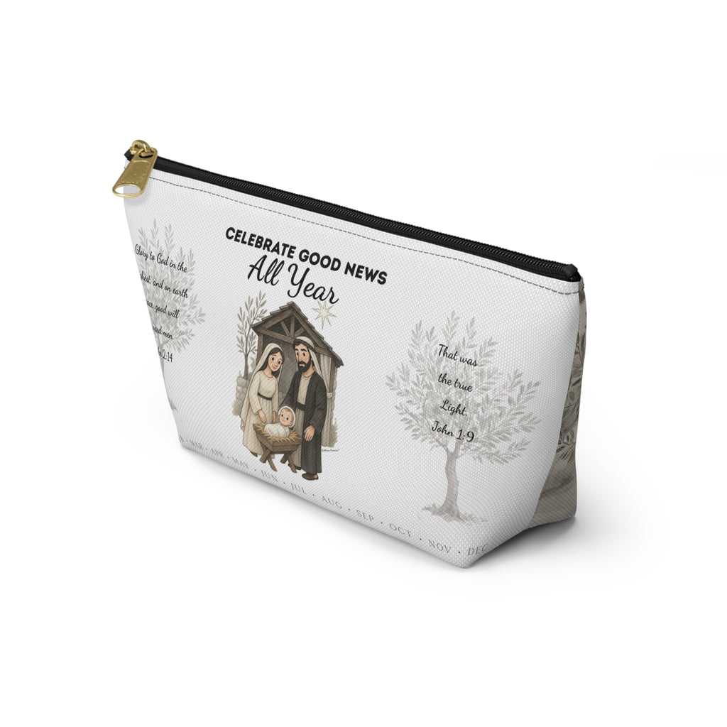 Nativity Accessory Pouch — "Celebrate Good News All Year" Nativity Scene Year Round Makeup Bag
