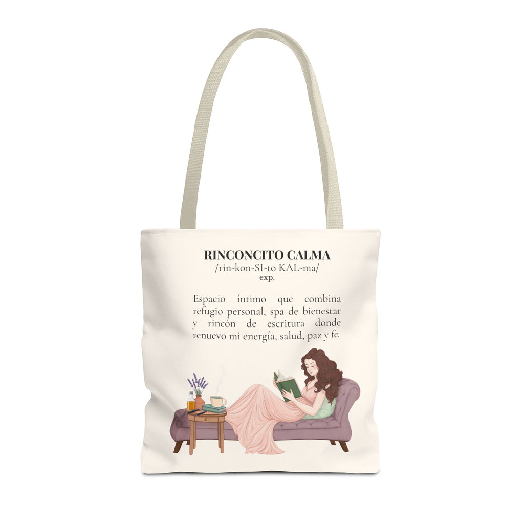 Slow-Living Corner Tote Bag — "Rinconcito Calma" Spanish Cozy Self-Care AOP Canvas Tote with Faith Quotes