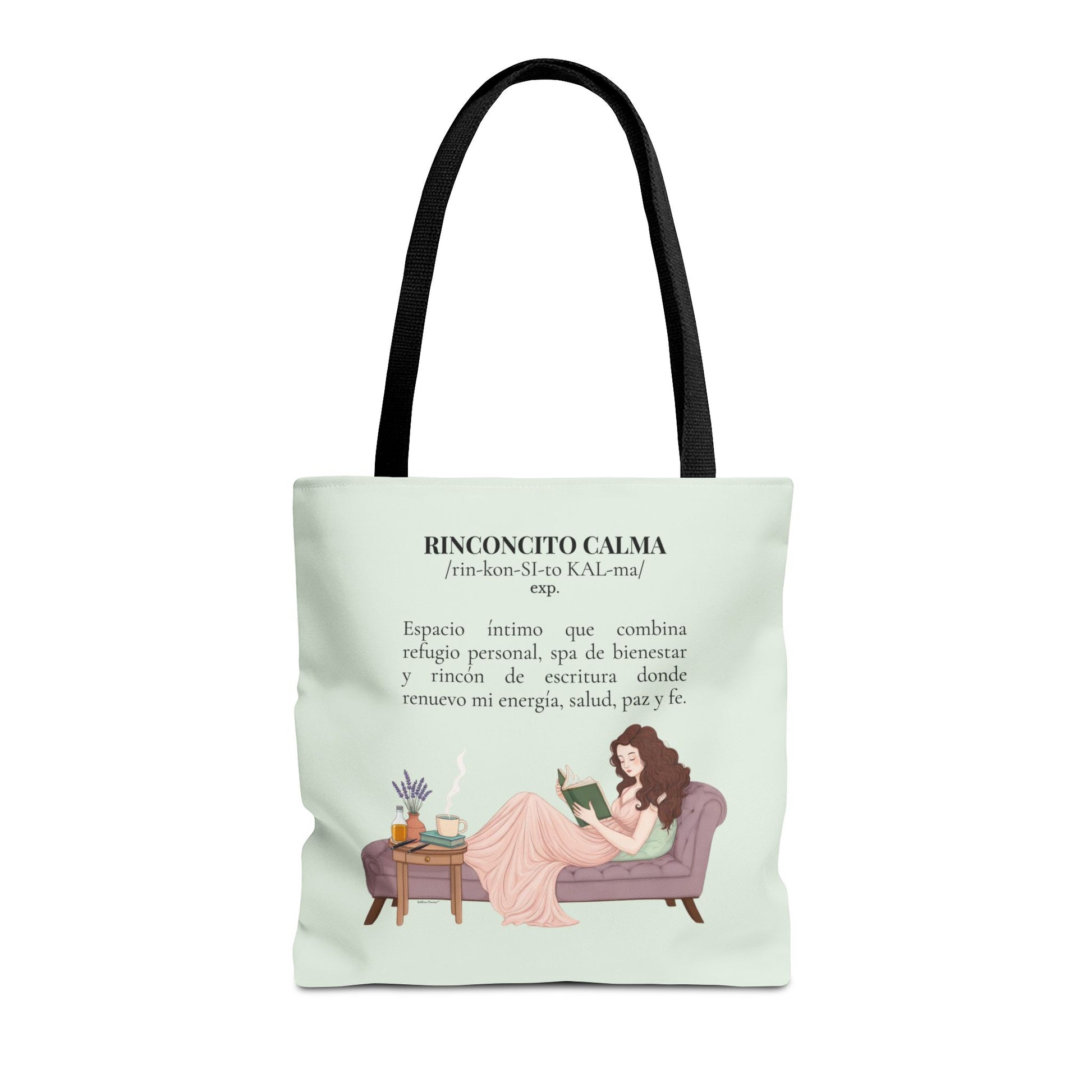 Slow-Living Corner Tote Bag — "Rinconcito Calma" Spanish Cozy Self-Care AOP Canvas Tote with Faith Quotes (Mint Green)