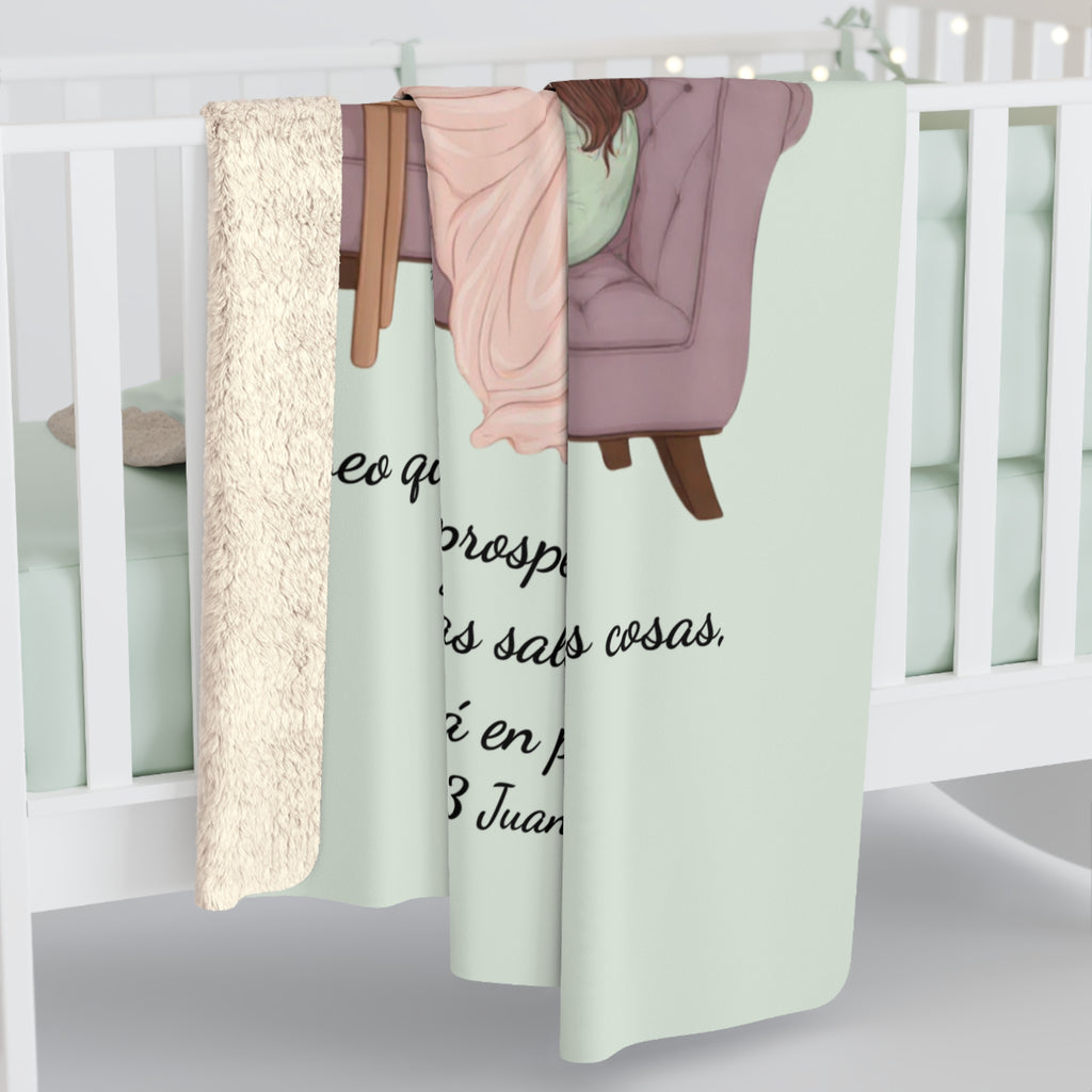 Sherpa Blanket - "Rinconcito Calma" (Green) Cozy Spanish Bible Self-Care Throw with Reading Girl Design