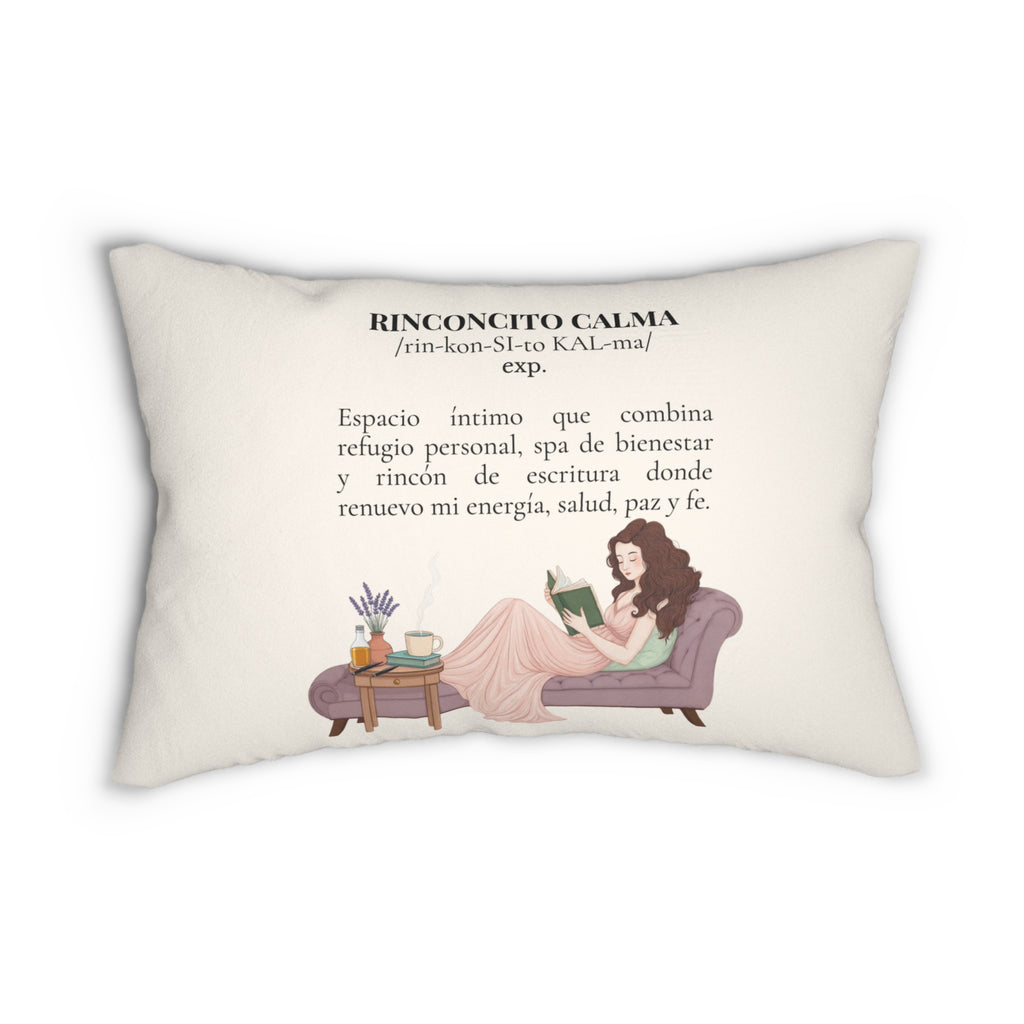 “Slow-Living Corner” & Lavender "Rinconcito Calma" Lumbar Pillow — Spanish Cozy Prayer Blessing (Beige)