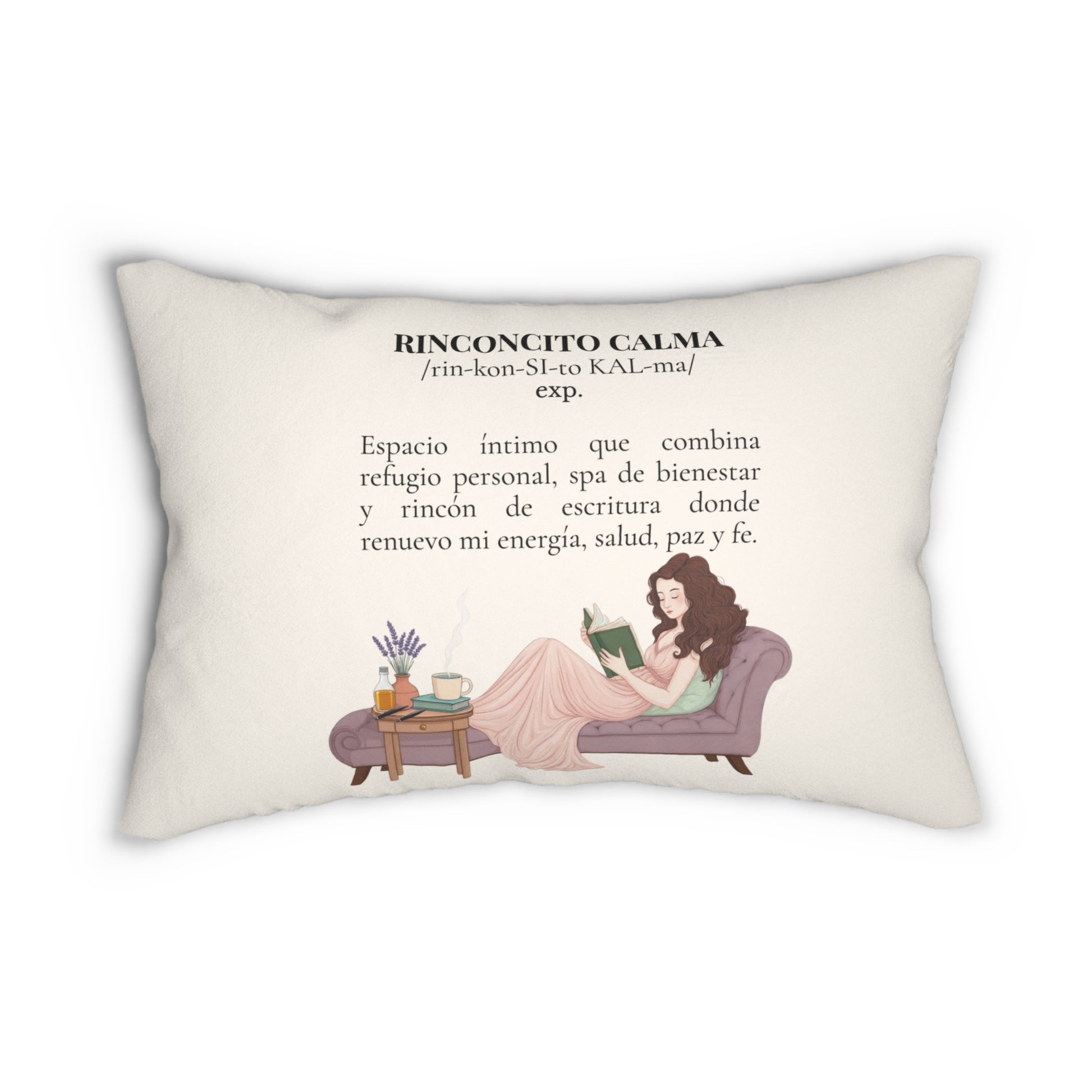 “Slow-Living Corner” & Lavender "Rinconcito Calma" Lumbar Pillow — Spanish Cozy Prayer Blessing (Beige)