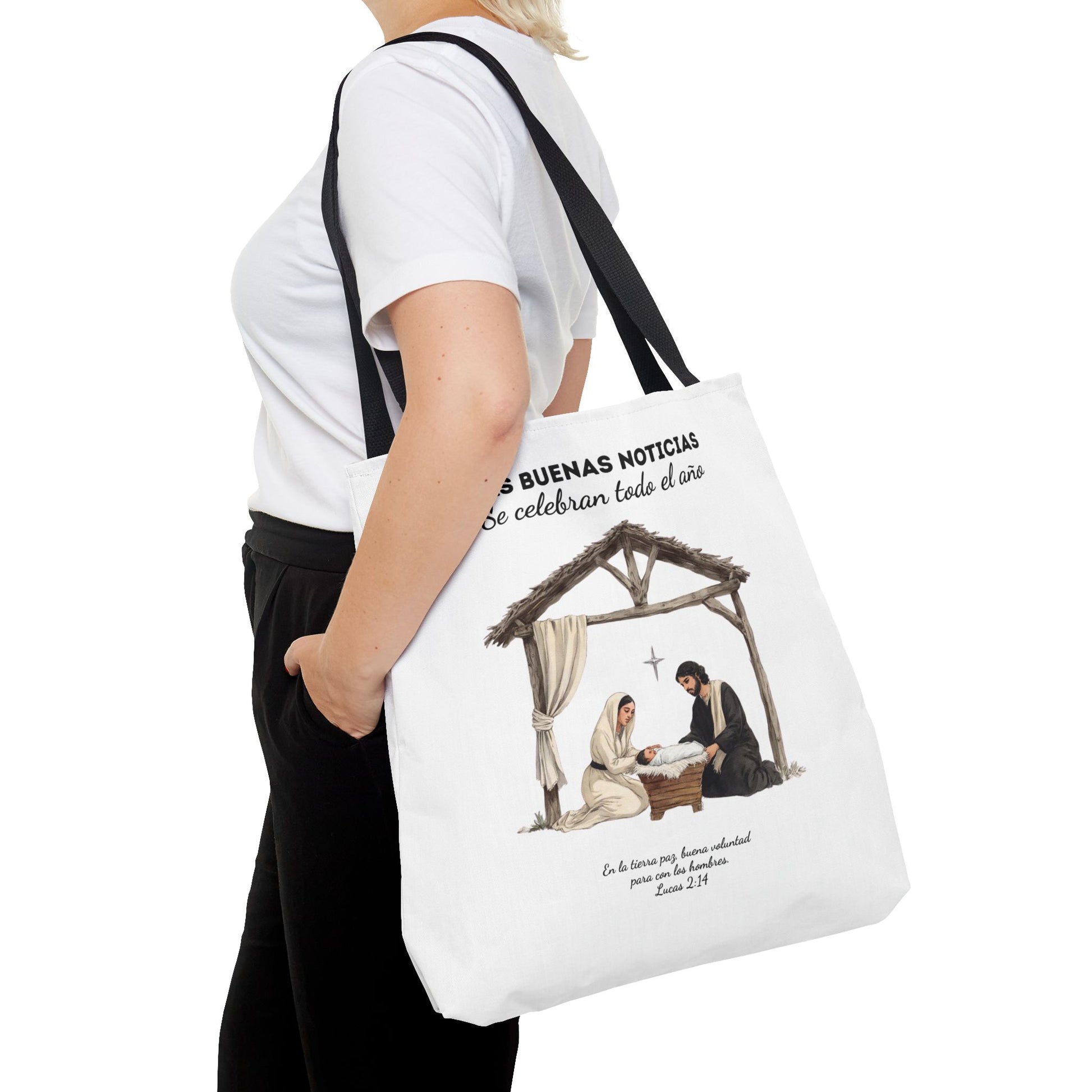 Nativity Tote Bag Year Round — (White Color) "Las Buenas Noticias" Spanish Nativity Tote