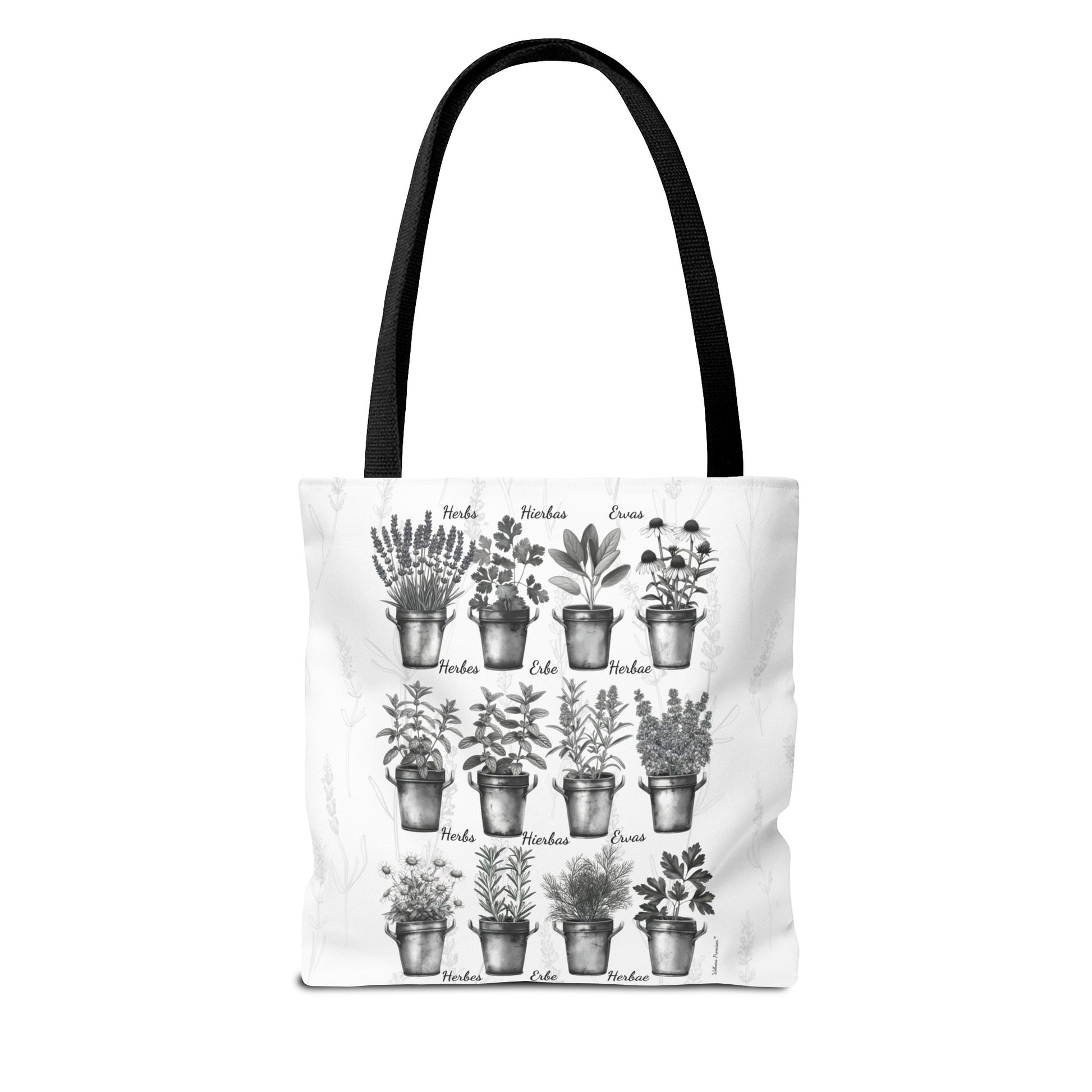 6 Language Black & White Herbal Garden Tote Bag | Botanical Shopping Tote | Eco-Friendly Grocery Bag, Plant Lover Gift, Garden Decor, Mothers Day