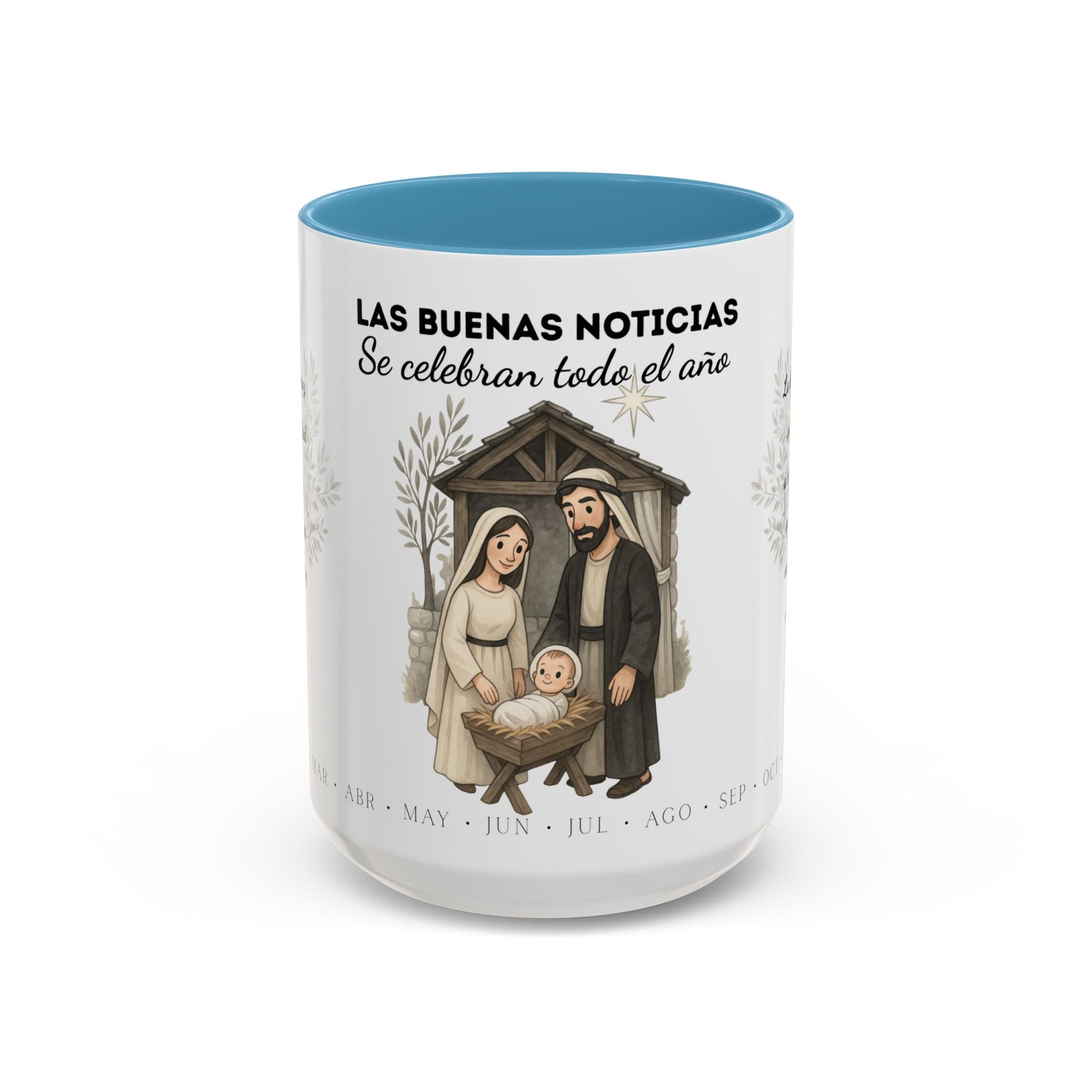 Year Round Nativity Coffee Mug — "Las Buenas Noticias se Celebran todo el Año" Christian Christmas Mug