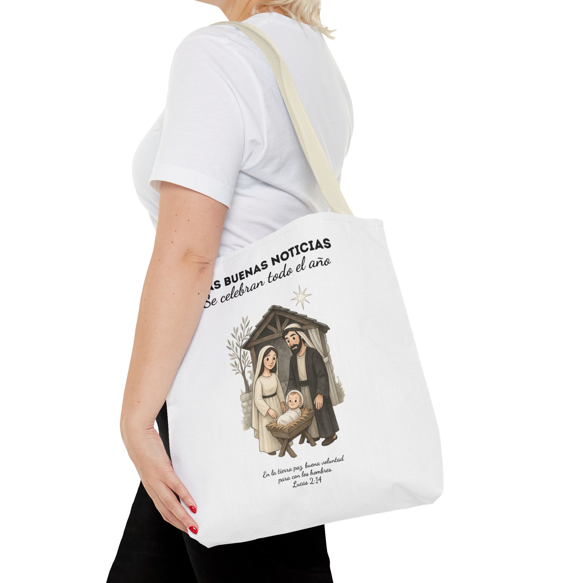Nativity Tote Bag Year Round — (White Color) "Las Buenas Noticias" Spanish Nativity Tote