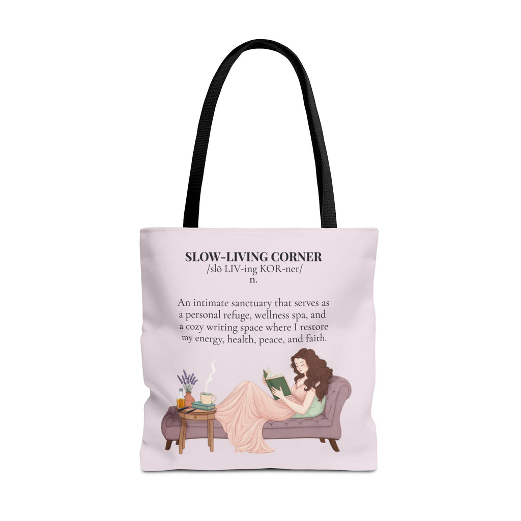 Slow-Living Corner Tote Bag — Cozy Self-Care AOP Canvas Tote with Faith Quotes (Pink)