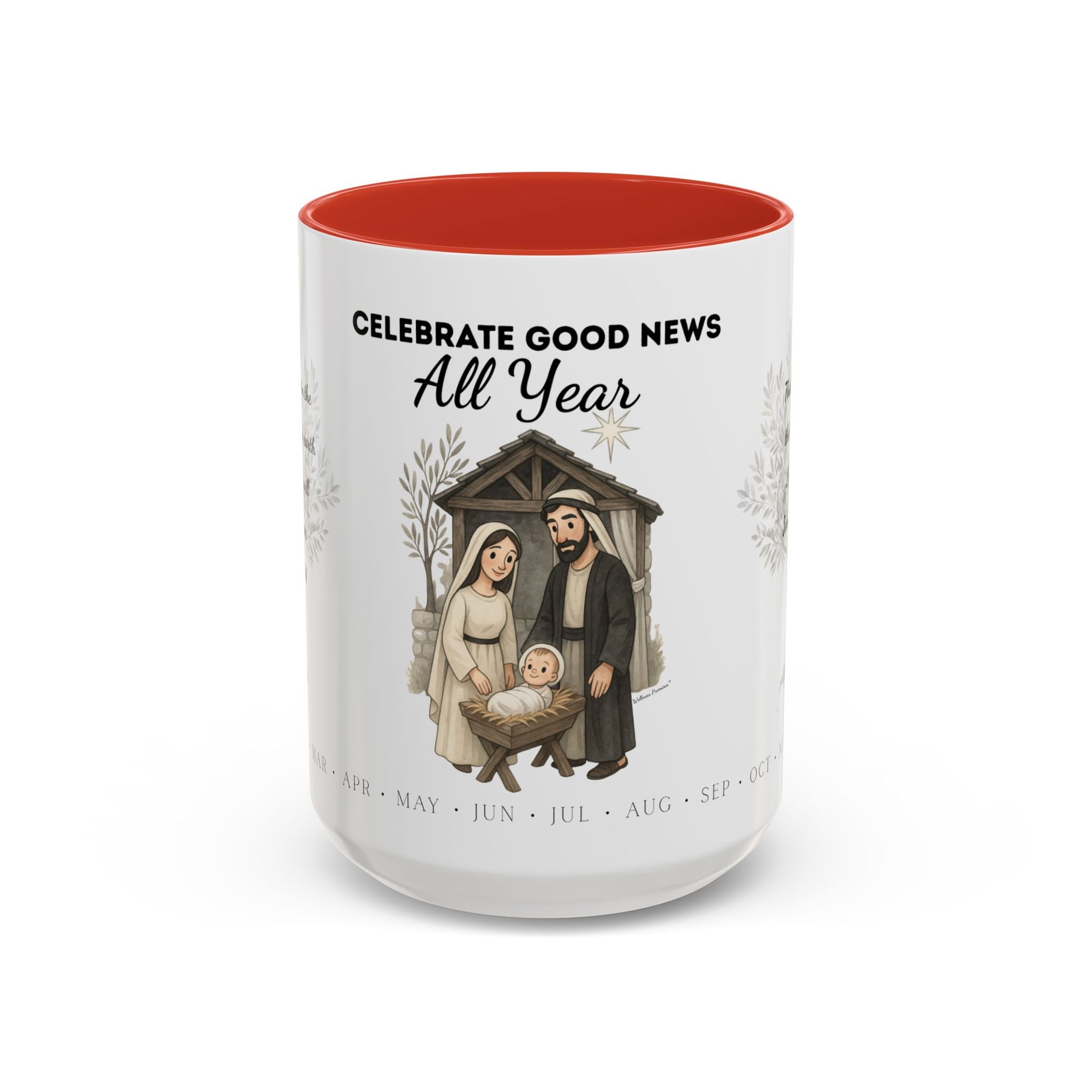 Nativity Coffee Mug Year-Round — "Celebrate Good News All Year" Christian Christmas Mug