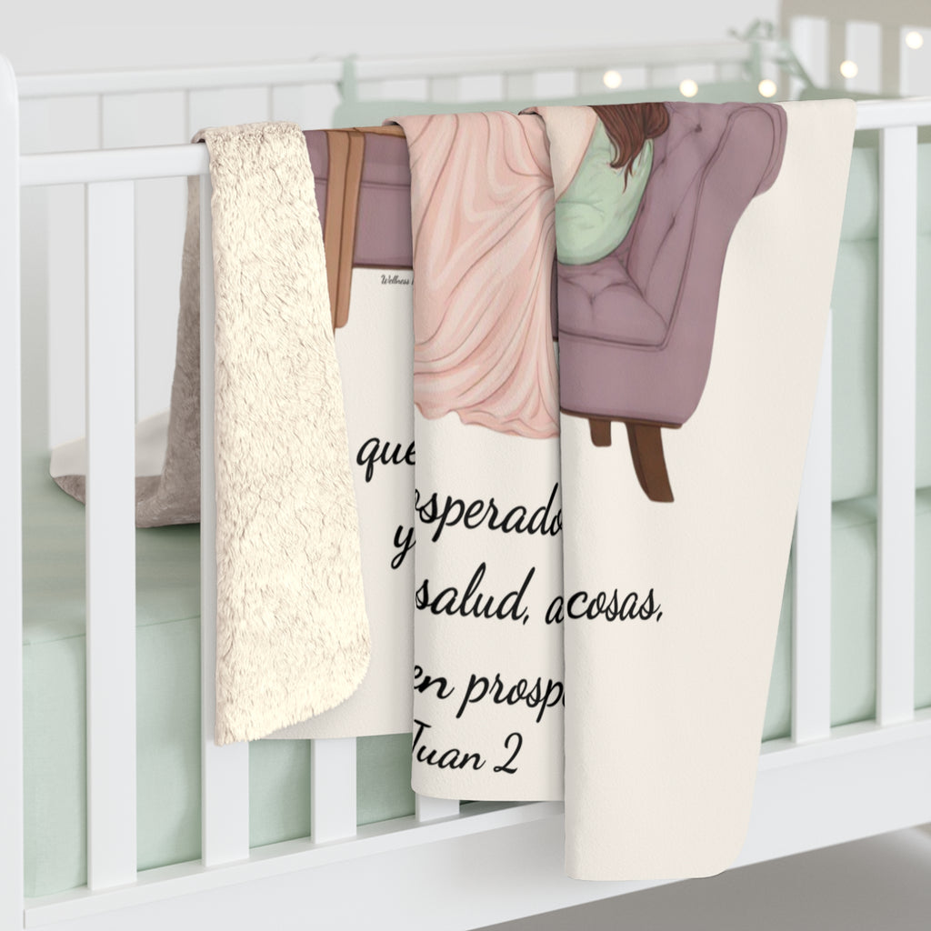 Sherpa Blanket - "Rinconcito Calma" (Green) Cozy Spanish Bible Self-Care Throw with Reading Girl Design