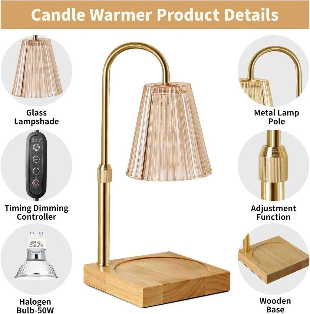 Candle Warmer Lamp with Dimmer, Electric Candle Warmer for Jar Candles, Bedroom Home Decor, 2H/4H/8H Timer Adjustable Height with 2 Bulbs, Amber