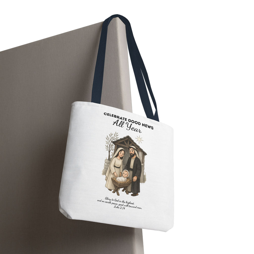 Nativity Tote Bag Year Round — (White Color) "Celebrate Good News All Year" Nativity Tote
