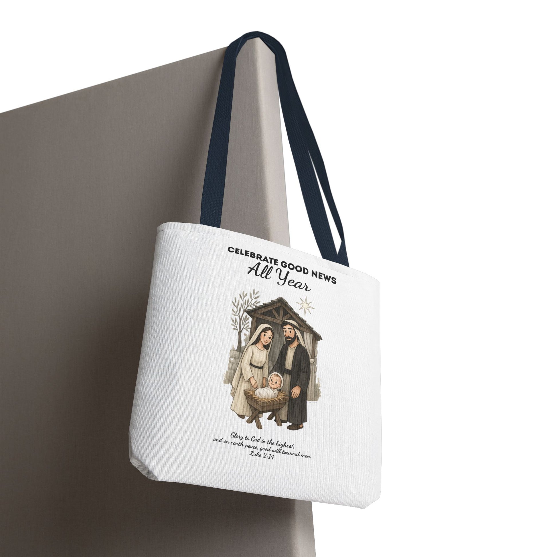 Nativity Tote Bag Year Round — (White Color) "Celebrate Good News All Year" Nativity Tote