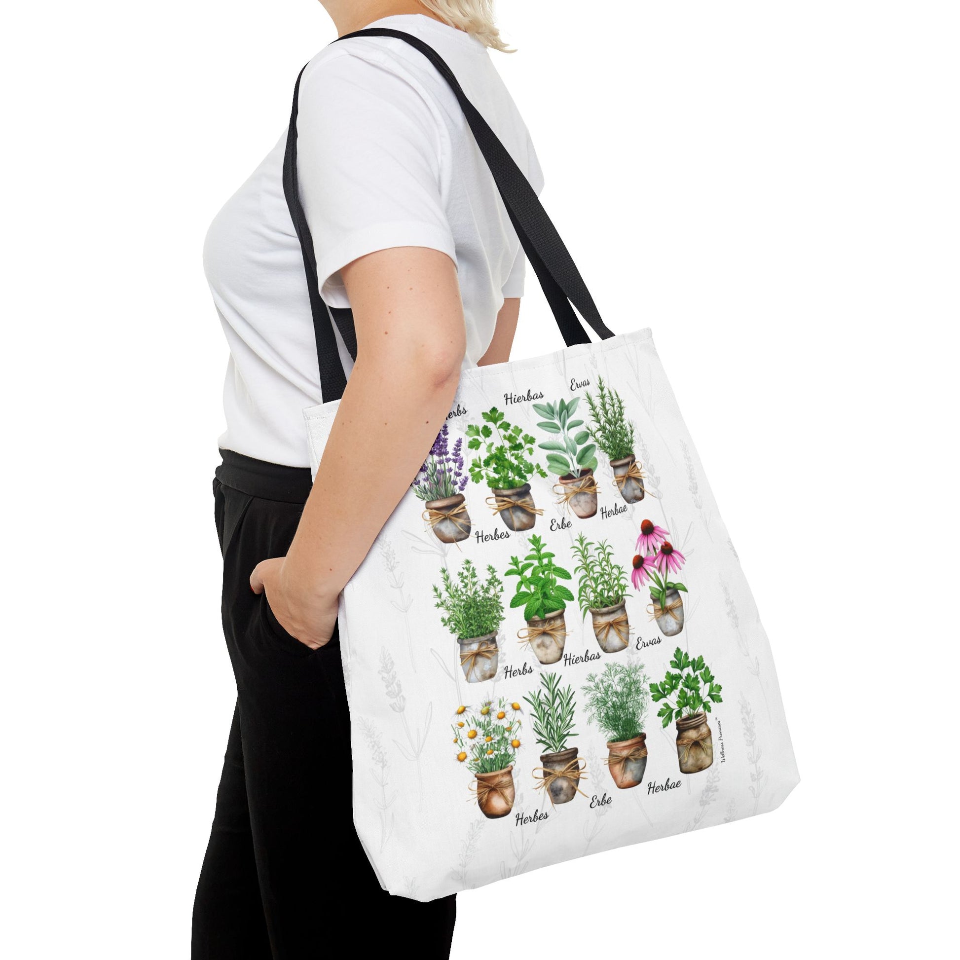 6 Language Watercolor Herbal Garden Tote Bag | Botanical Shopping Tote | Eco-Friendly Grocery Bag, Plant Lover Gift, Garden Decor, Mothers Day