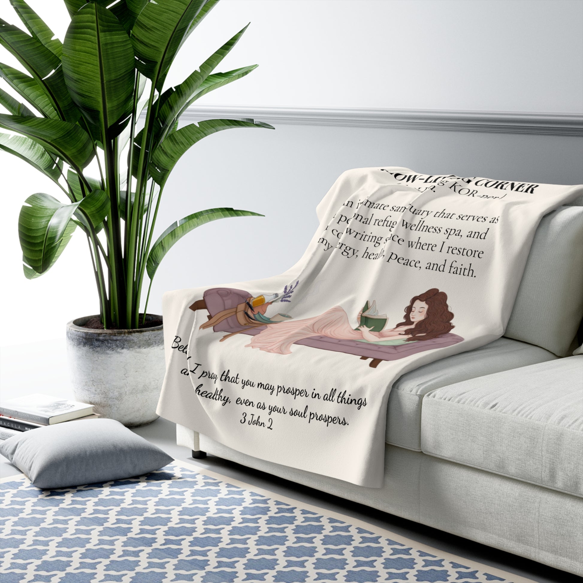 Slow-Living Corner Sherpa Fleece Blanket — (Beige Color) Cozy Spiritual Sanctuary Throw with Scripture