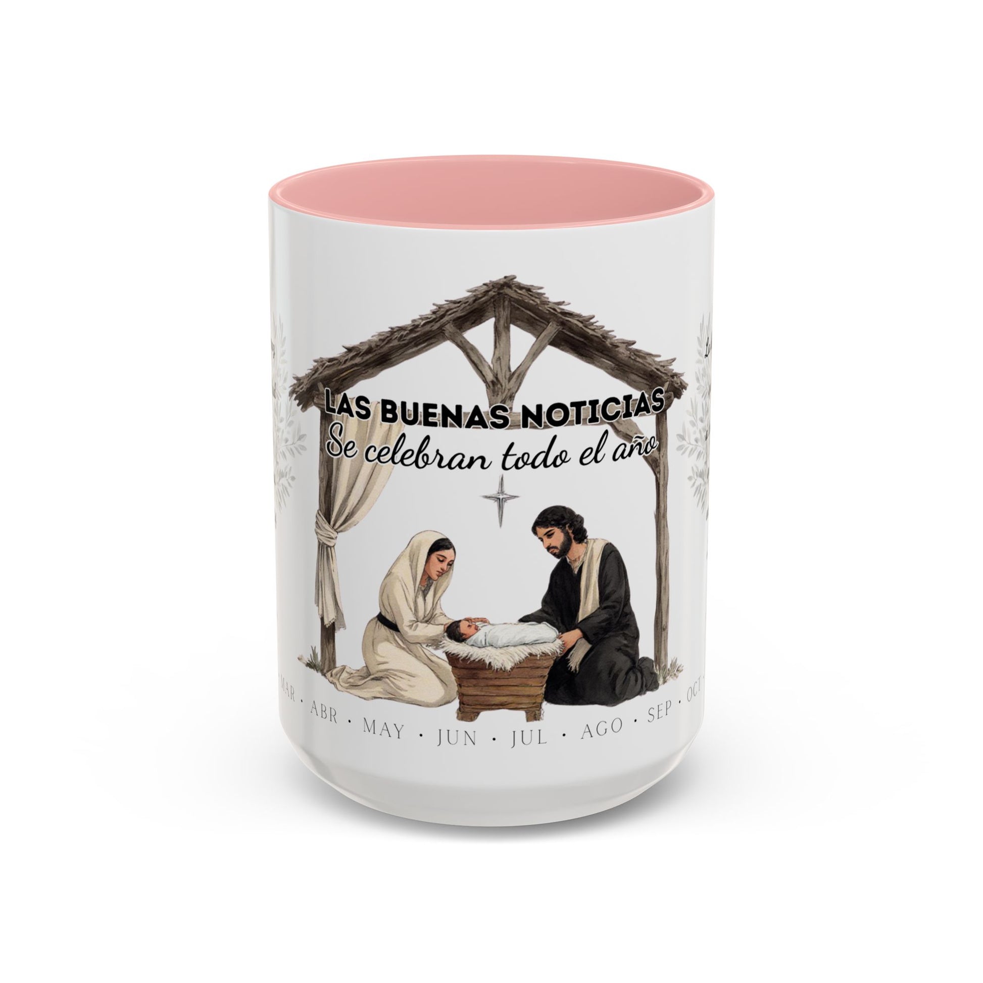 Year Round Nativity Coffee Mug — "Las Buenas Noticias se Celebran todo el Año" Watercolor Christian Christmas Mug