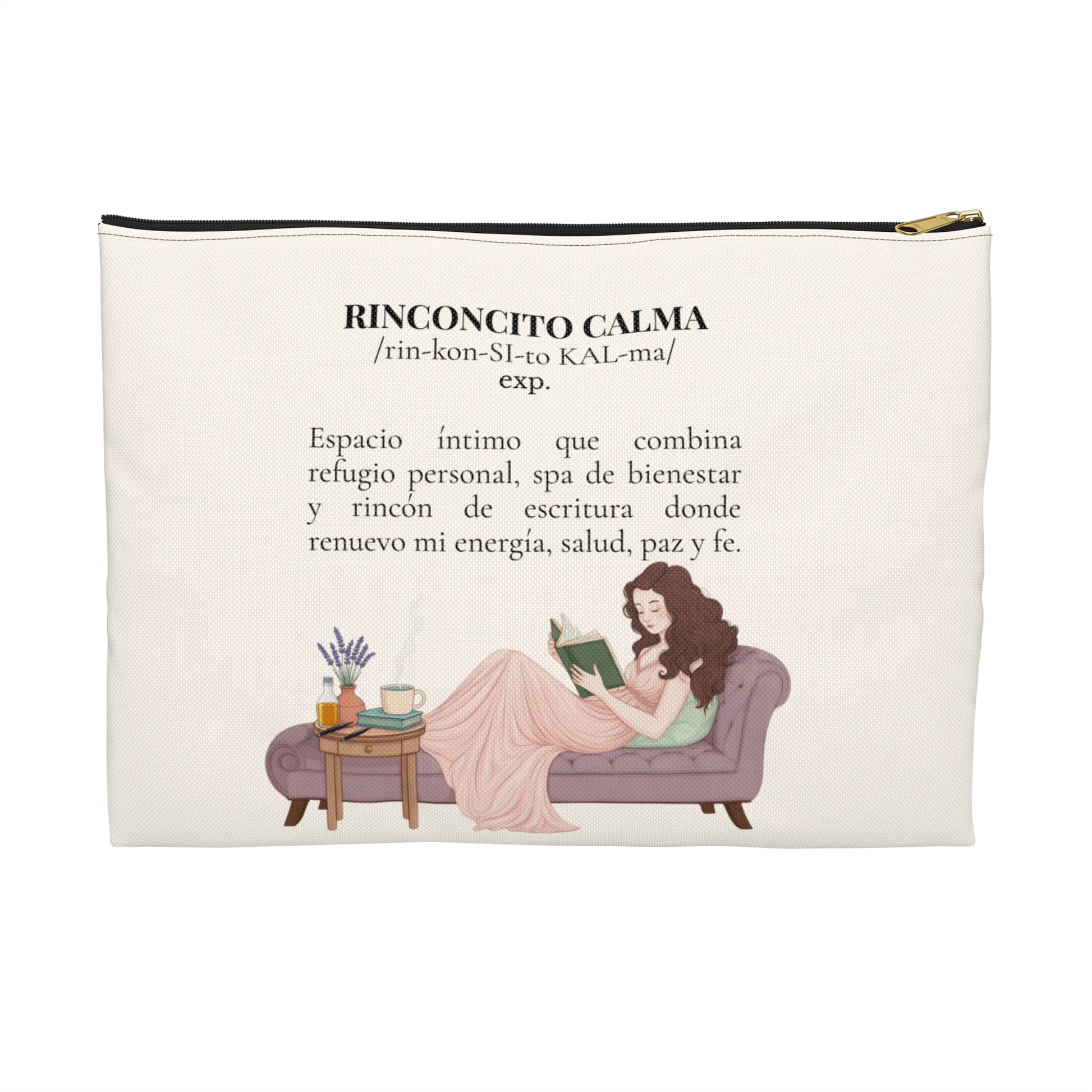 Accessory Pouch — Slow-Living Corner "Rinconcito Calma" & Lavender Tea Bible Quote (Beige, Spanish)