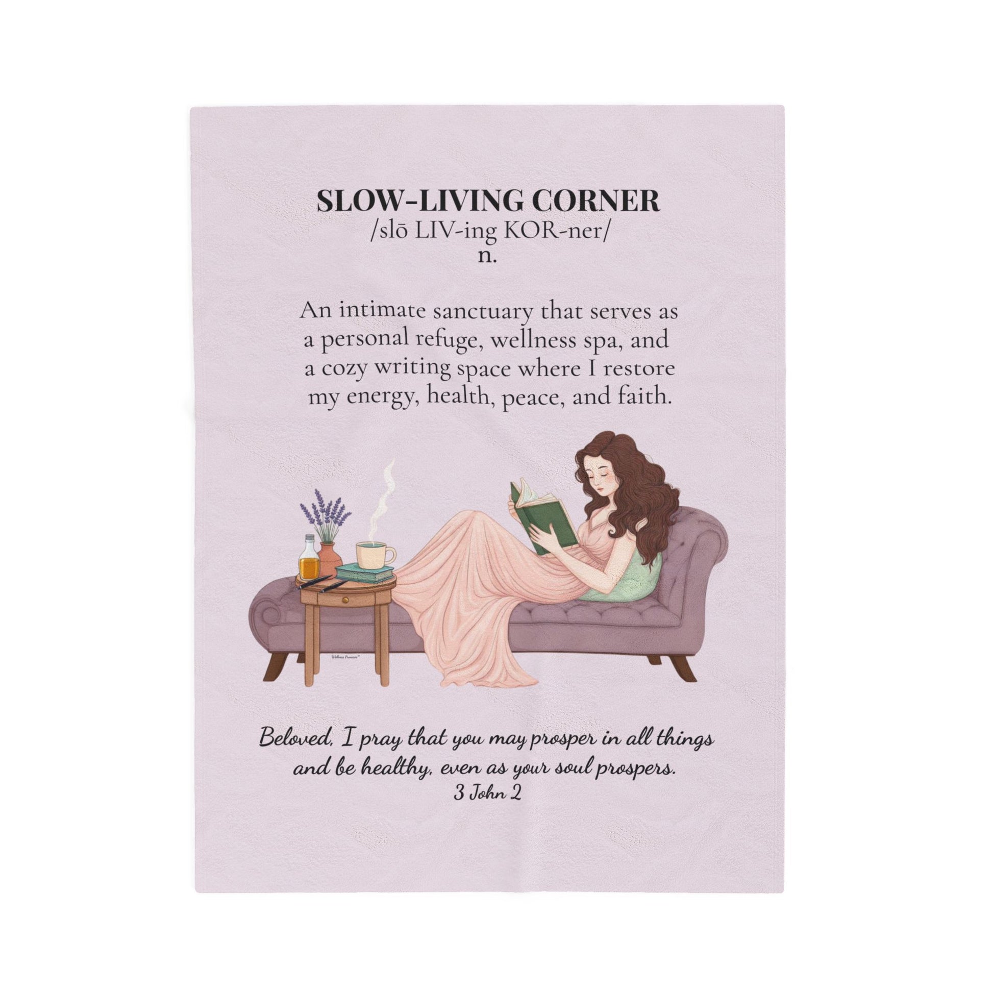 Slow-Living Corner Velveteen Plush Blanket — Cozy Reading Nook Throw withBible Verse (Mauve Color)