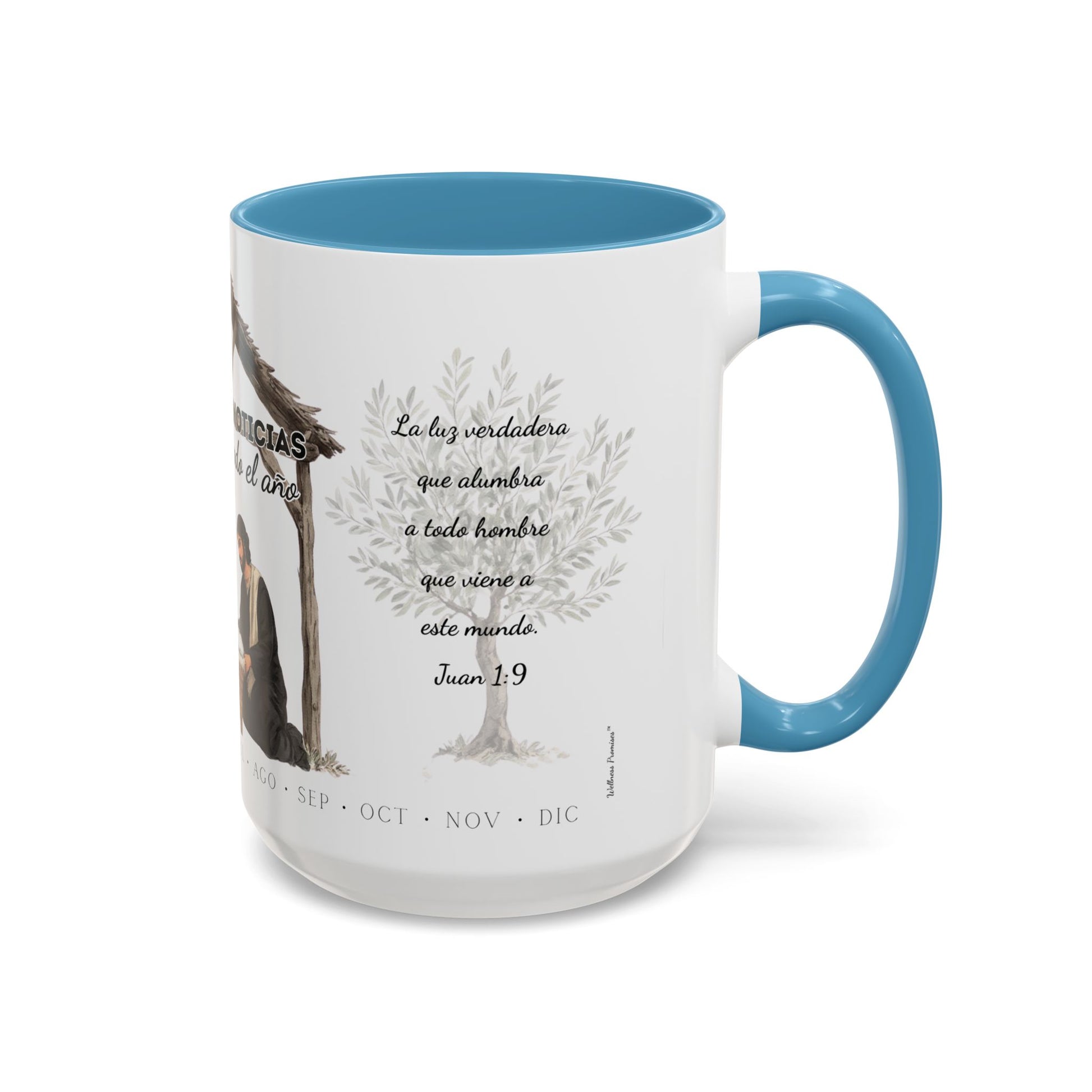 Year Round Nativity Coffee Mug — "Las Buenas Noticias se Celebran todo el Año" Watercolor Christian Christmas Mug