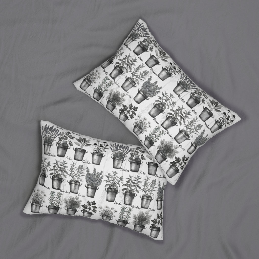 Herbal 6 Languages Garden Lumbar Pillow, Black & White Floral Cushion, Home Decor, Housewarming Gift, Plant Lover's Gift, Decorative Pillow for Every Occasion