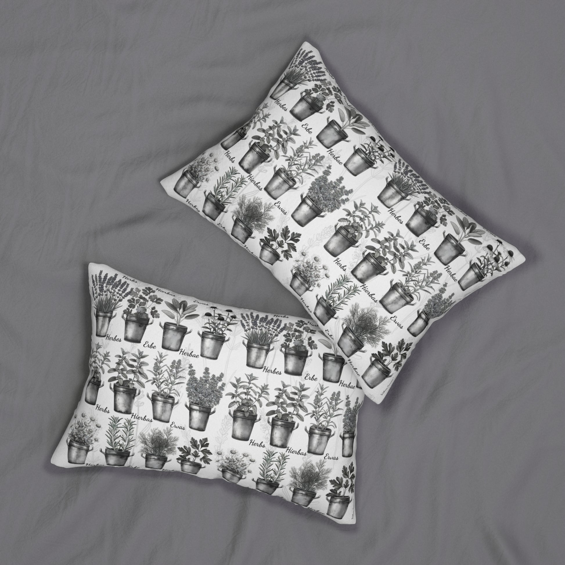 Herbal 6 Languages Garden Lumbar Pillow, Black & White Floral Cushion, Home Decor, Housewarming Gift, Plant Lover's Gift, Decorative Pillow for Every Occasion