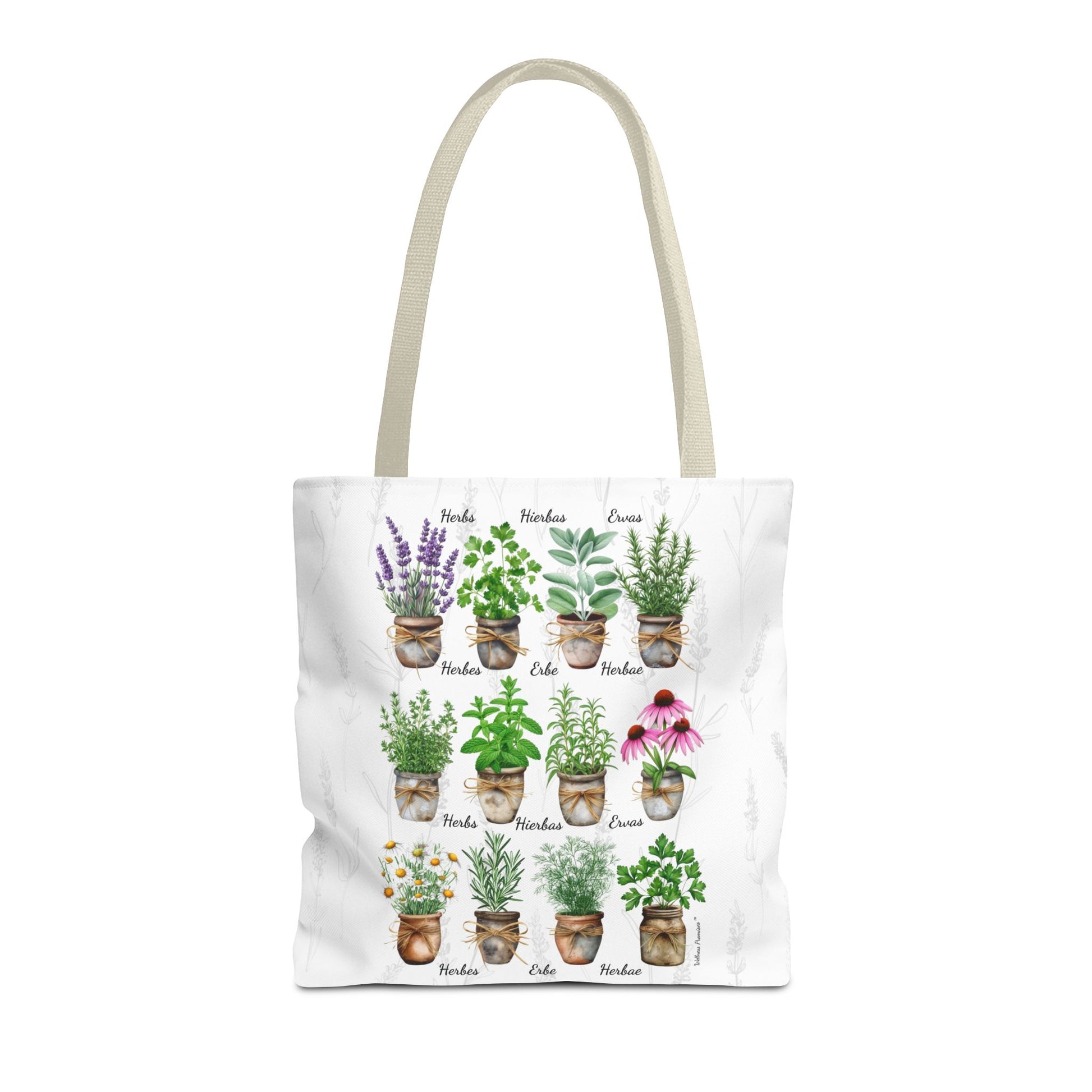 6 Language Watercolor Herbal Garden Tote Bag | Botanical Shopping Tote | Eco-Friendly Grocery Bag, Plant Lover Gift, Garden Decor, Mothers Day