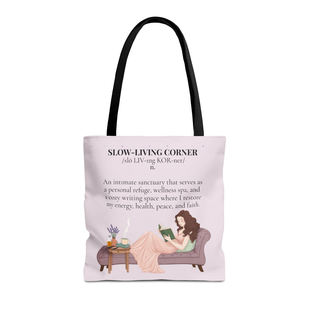 Slow-Living Corner Tote Bag — Cozy Self-Care AOP Canvas Tote with Faith Quotes (Pink)