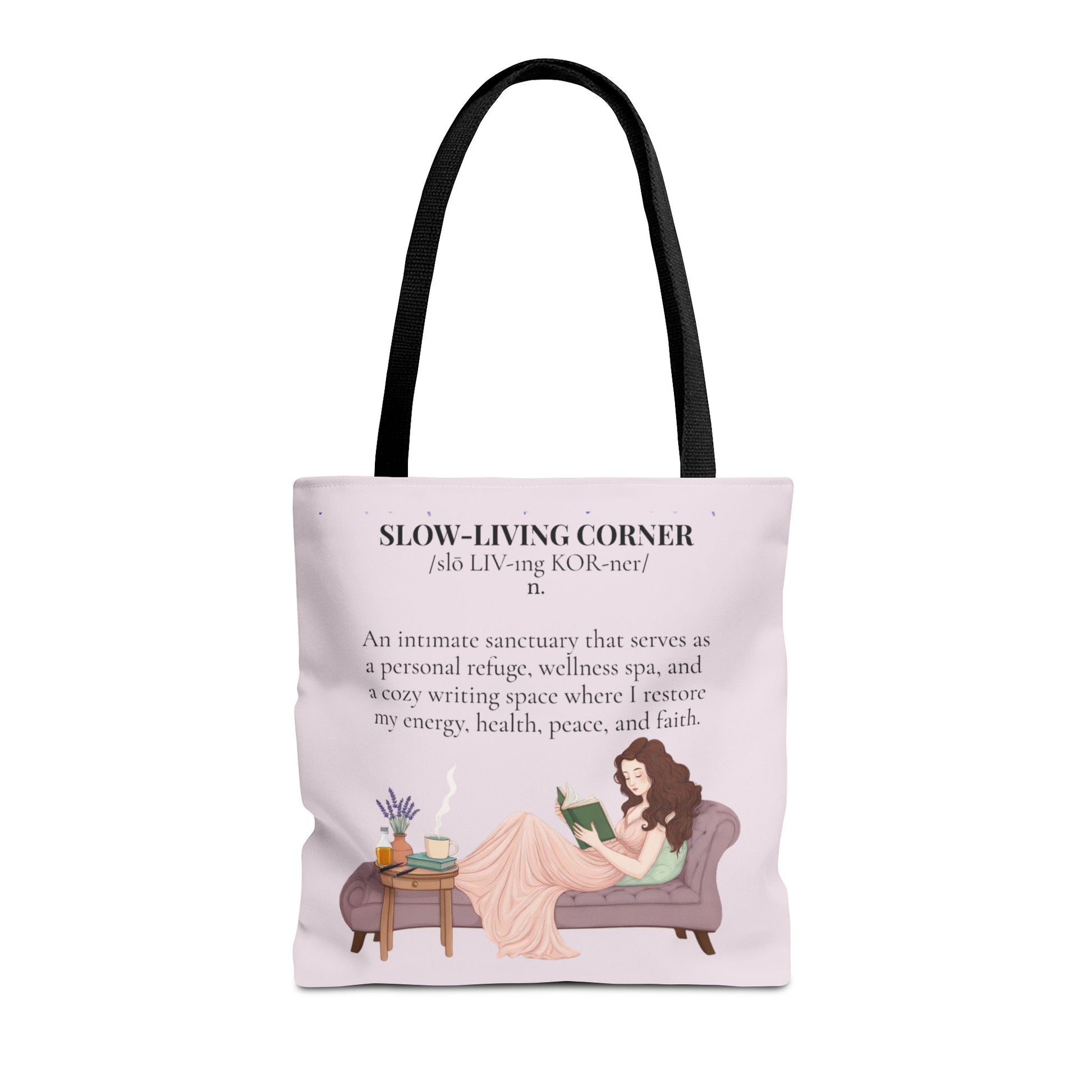 Slow-Living Corner Tote Bag — Cozy Self-Care AOP Canvas Tote with Faith Quotes (Pink)