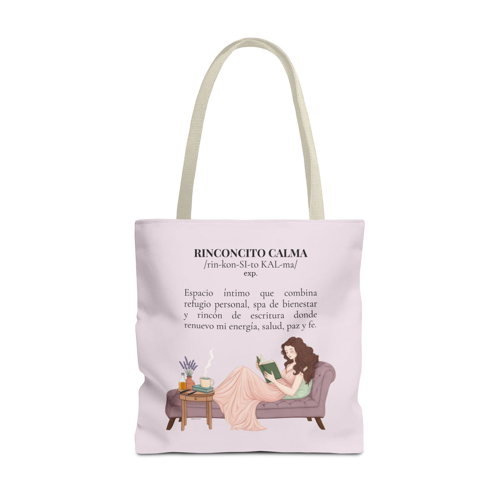 Slow-Living Corner Tote Bag — "Rinconcito Calma" Spanish Cozy Self-Care AOP Canvas Tote with Faith Quotes (Pink)