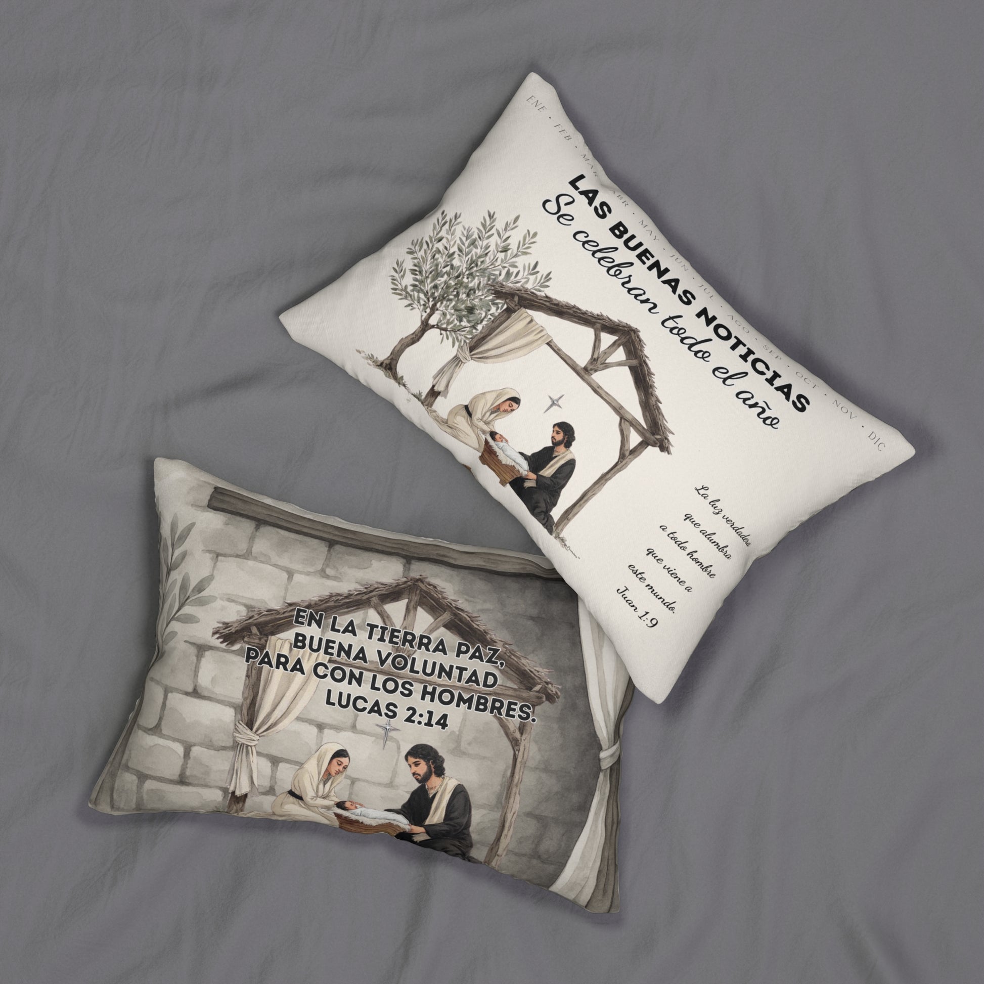 Nativity Lumbar Pillow — (Cream Color) "Las Buenas Noticias" Spanish Year Round Christmas Decor with Bible Verse