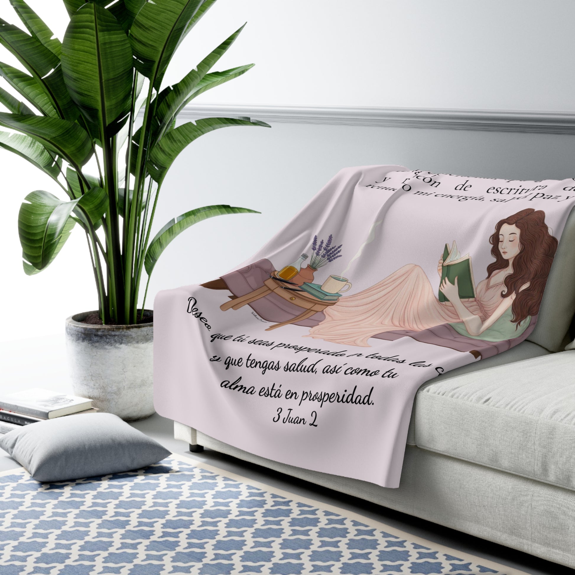 Sherpa Blanket - "Rinconcito Calma" Cozy Spanish Bible Self-Care Throw with Reading Girl Design