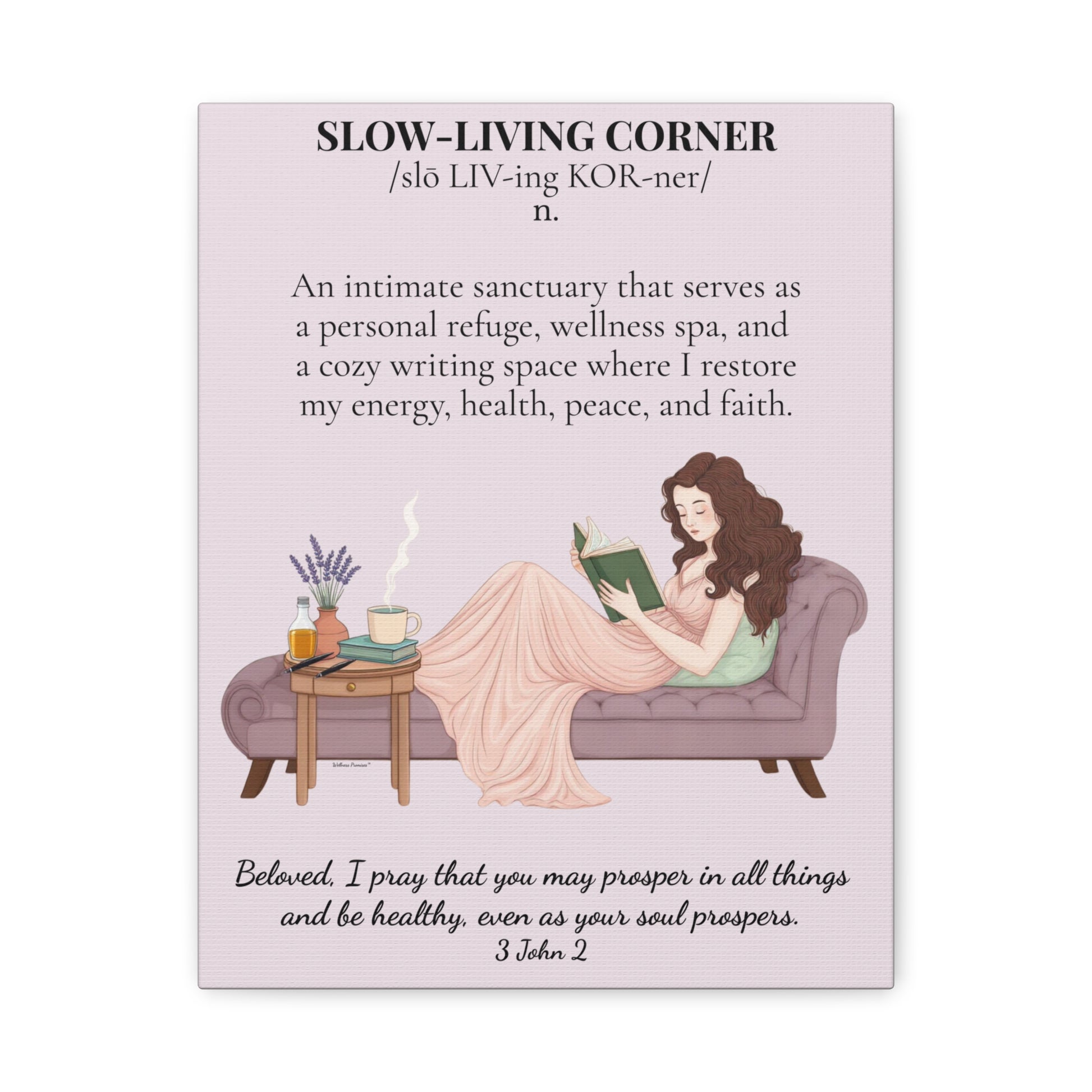 Slow-Living Corner Matte Canvas Wall Art — Cozy Sanctuary Definition with Scripture (Pink)