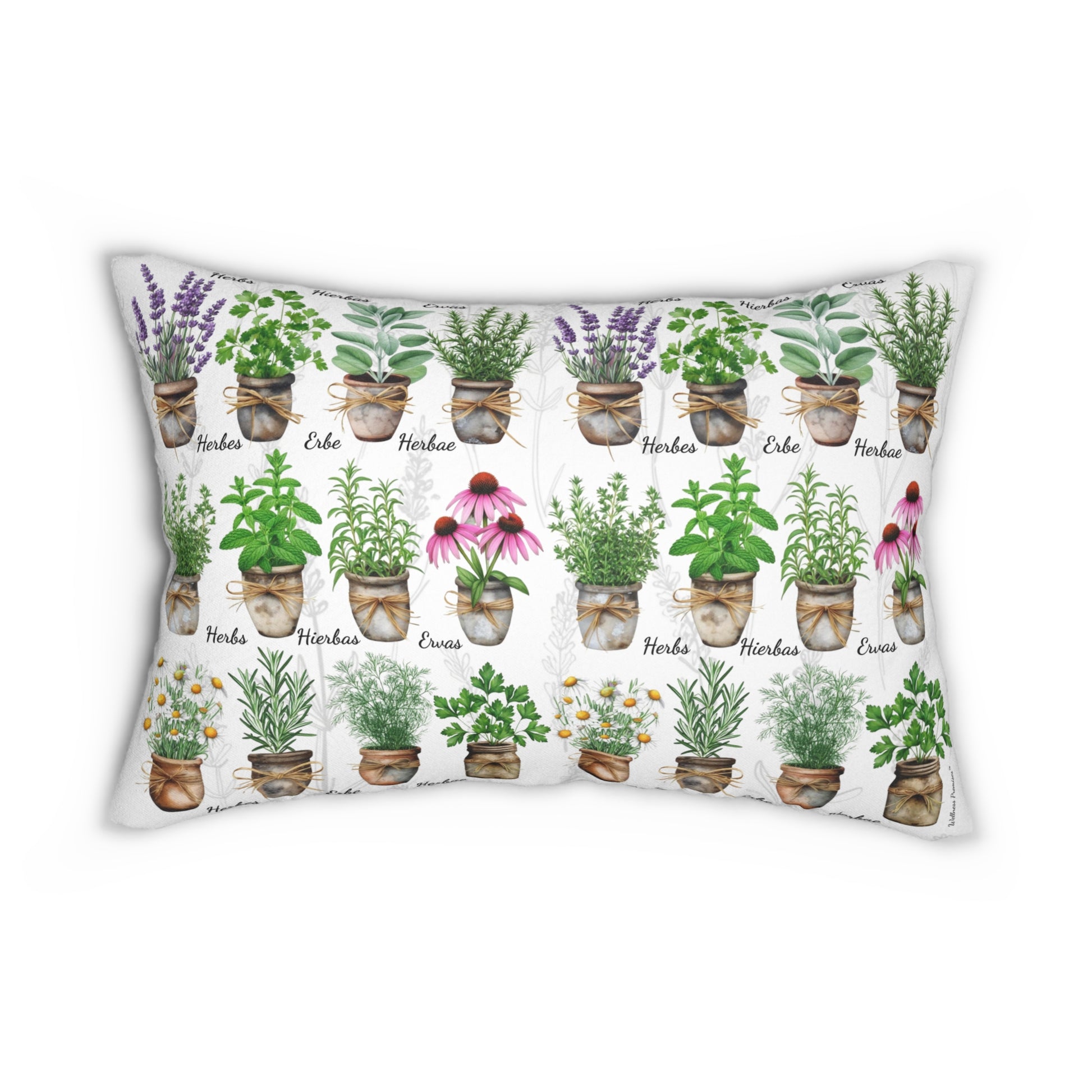 Watercolor Herbal 6 Languages Garden Lumbar Pillow, Watercolor Floral Cushion, Home Decor, Housewarming Gift, Plant Lover's Gift, Decorative Pillow for Every Occasion
