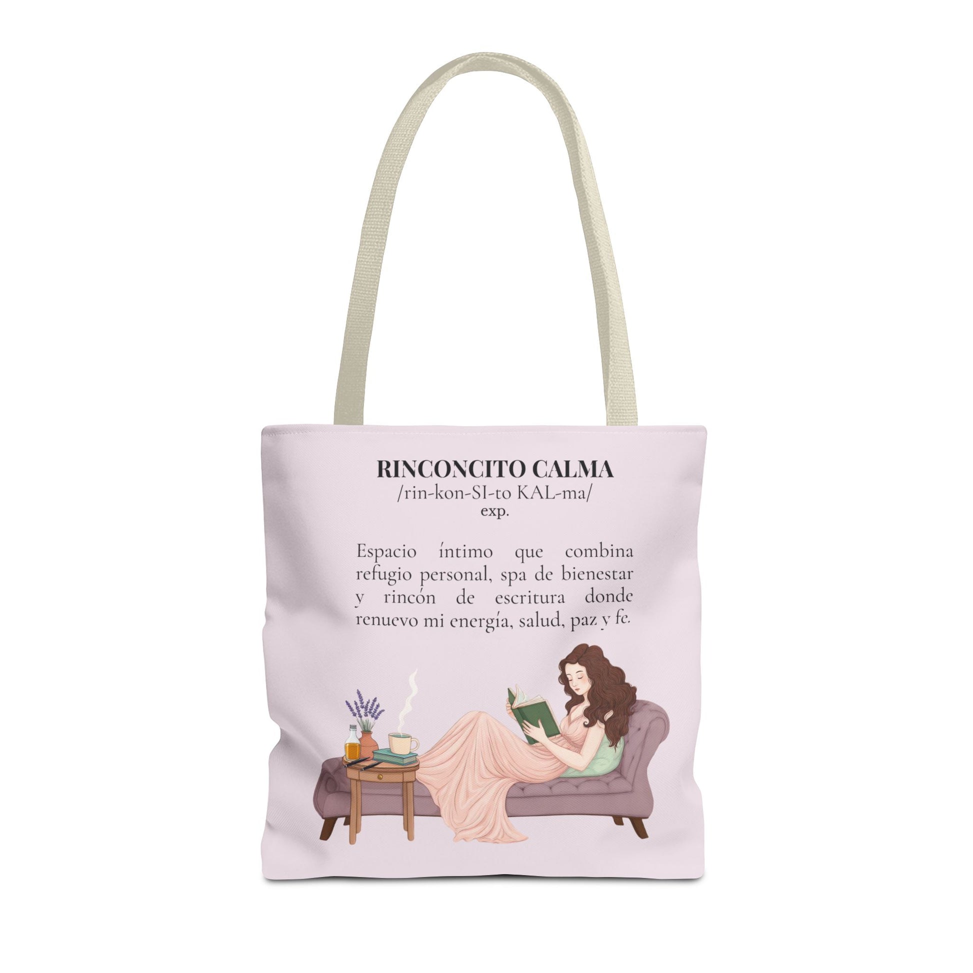 Slow-Living Corner Tote Bag — "Rinconcito Calma" Spanish Cozy Self-Care AOP Canvas Tote with Faith Quotes (Pink)