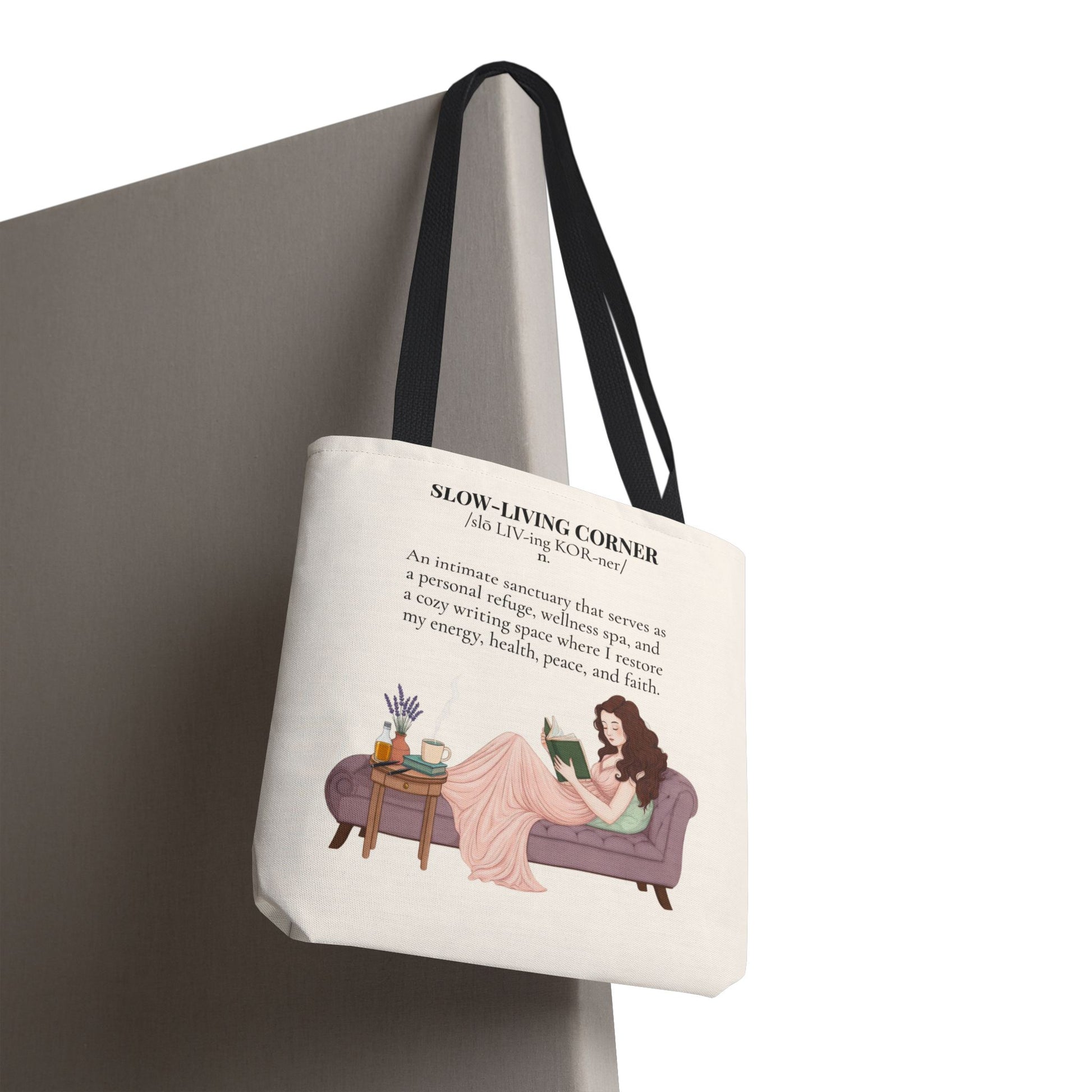 Slow-Living Corner Tote Bag — Cozy Self-Care AOP Canvas Tote with Faith Quotes