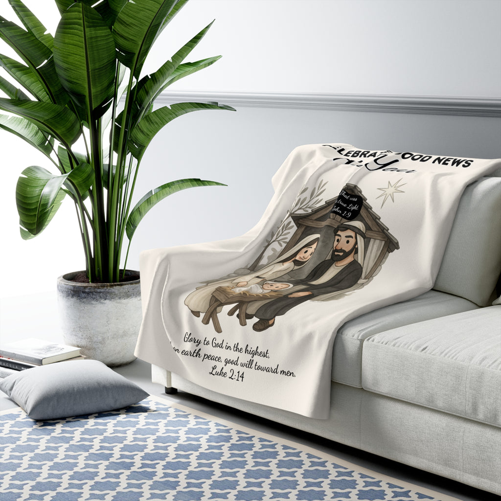 Nativity Sherpa Fleece Blanket – "Celebrate Good News All Year" Christian Christmas Throw with Luke 2:14
