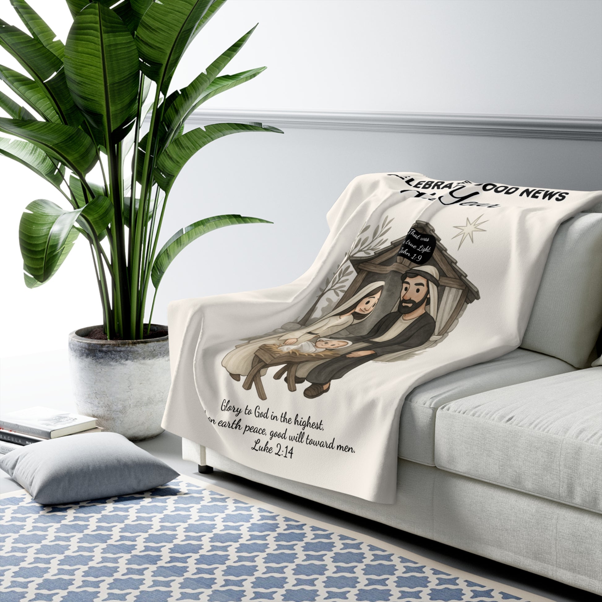 Nativity Sherpa Fleece Blanket – "Celebrate Good News All Year" Christian Christmas Throw with Luke 2:14