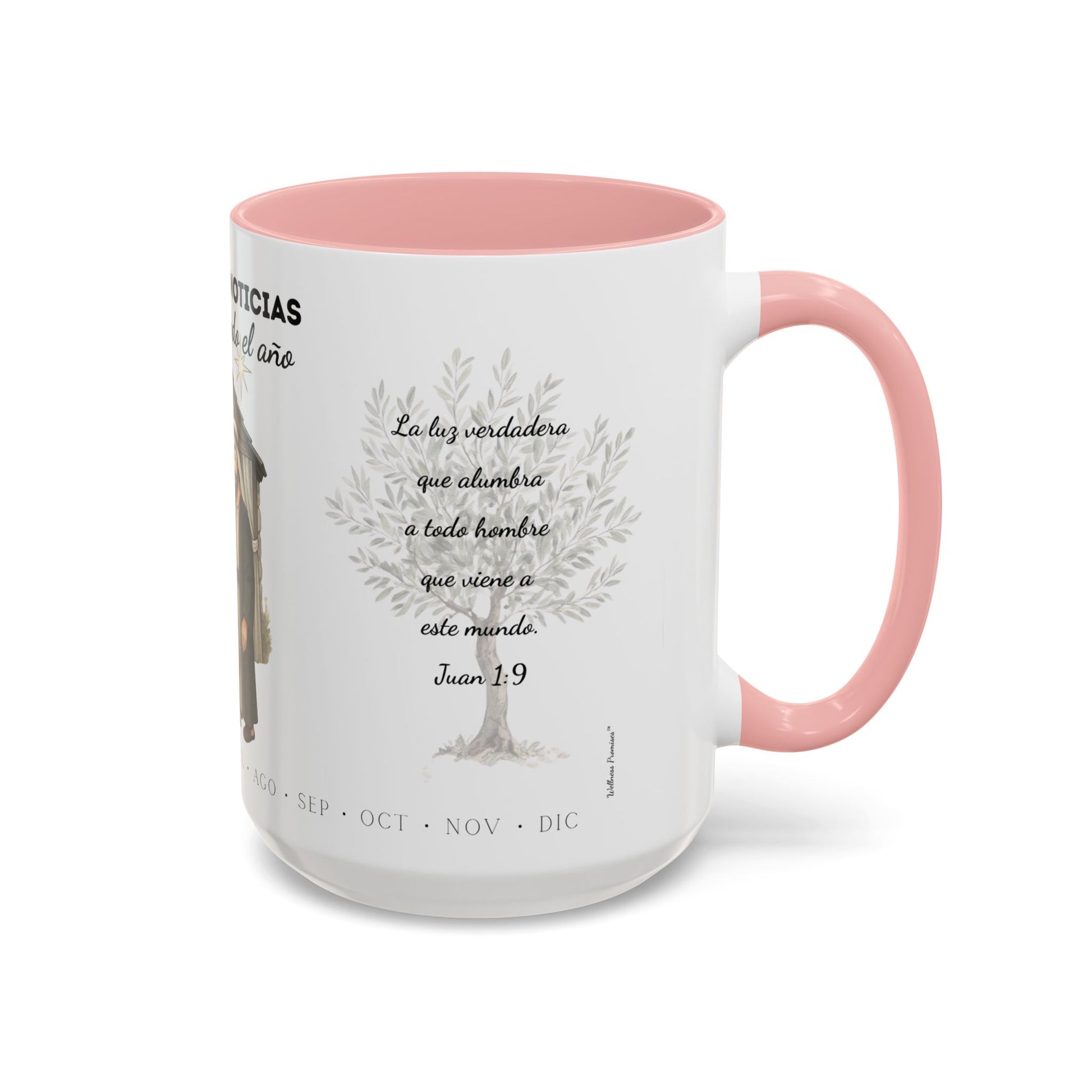 Year Round Nativity Coffee Mug — "Las Buenas Noticias se Celebran todo el Año" Christian Christmas Mug