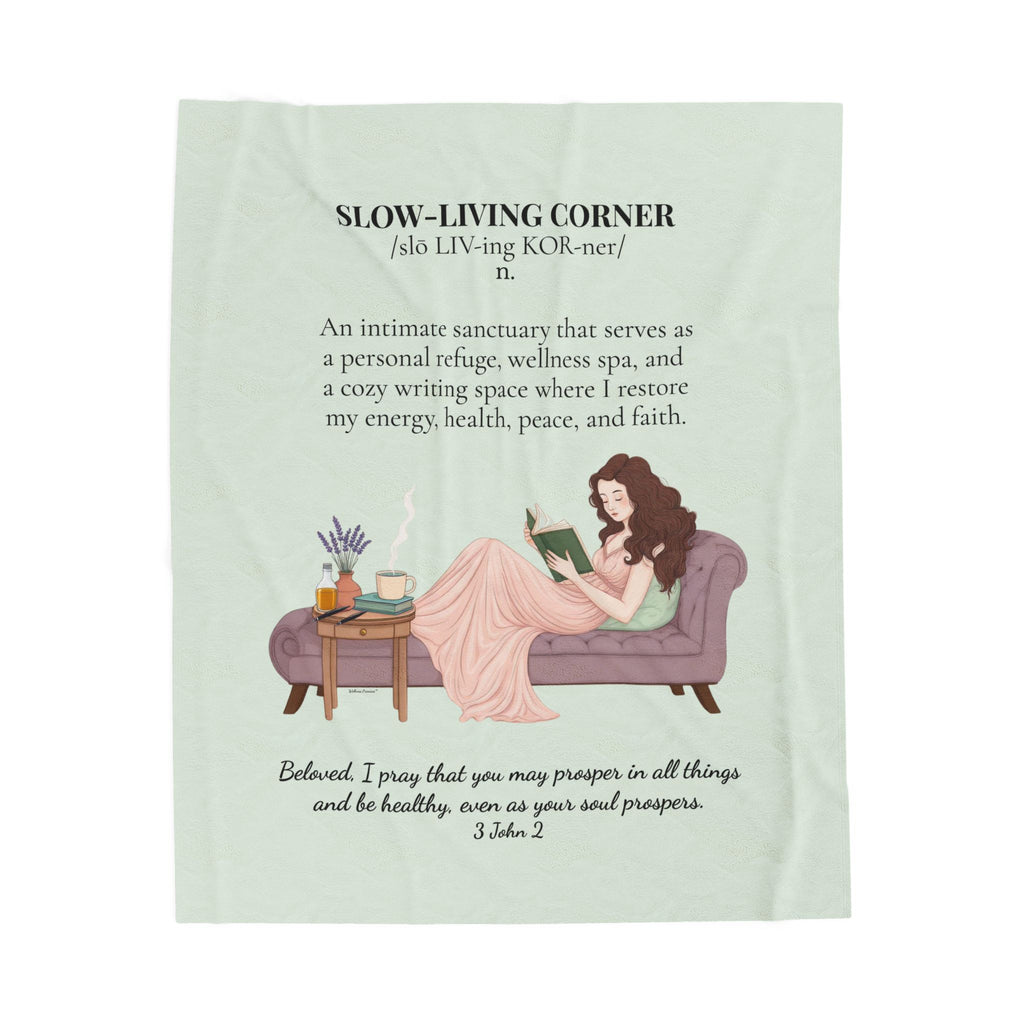Slow-Living Corner Velveteen Plush Blanket — Cozy Reading Nook Throw with Bible Verse (Mint Green)