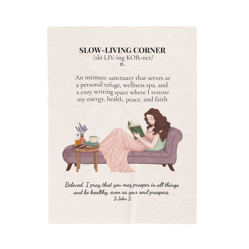 Slow-Living Corner Velveteen Plush Blanket — Cozy Reading Nook Throw with Inspirational Quote (Beige)