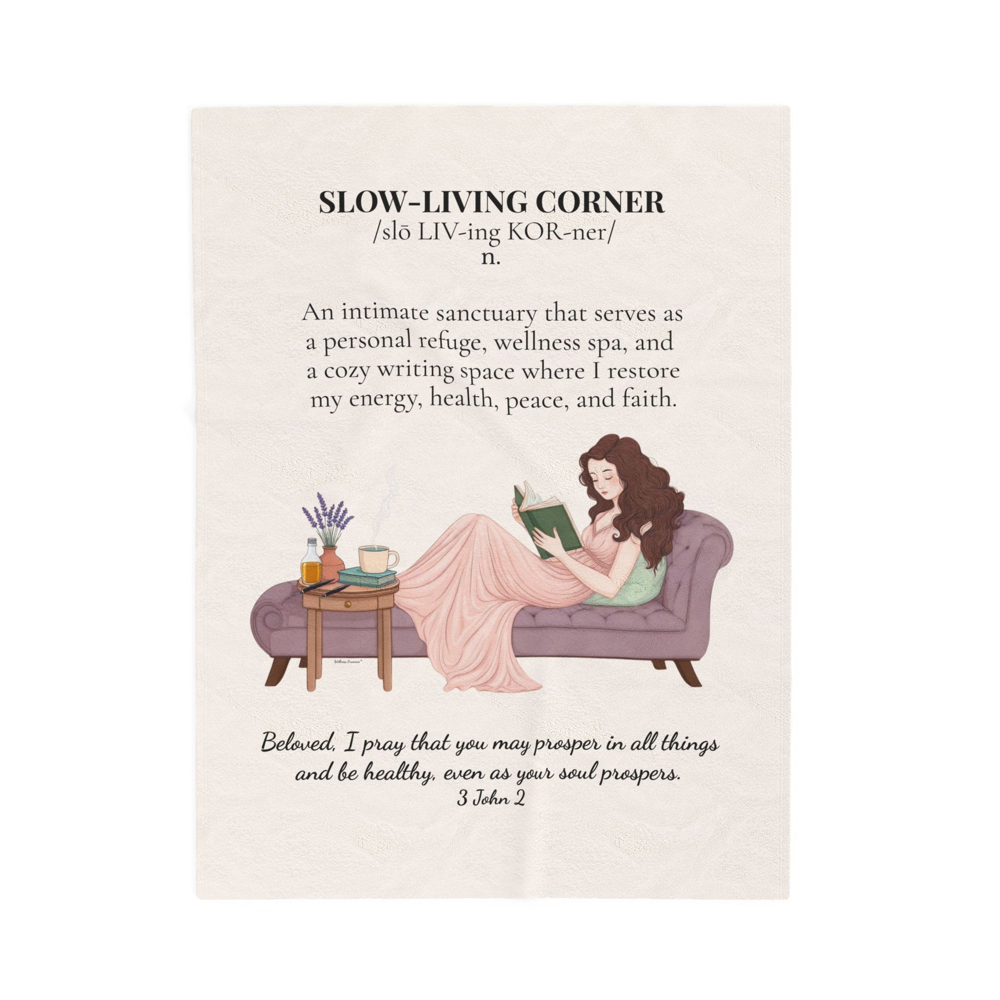 Slow-Living Corner Velveteen Plush Blanket — Cozy Reading Nook Throw with Inspirational Quote (Beige)