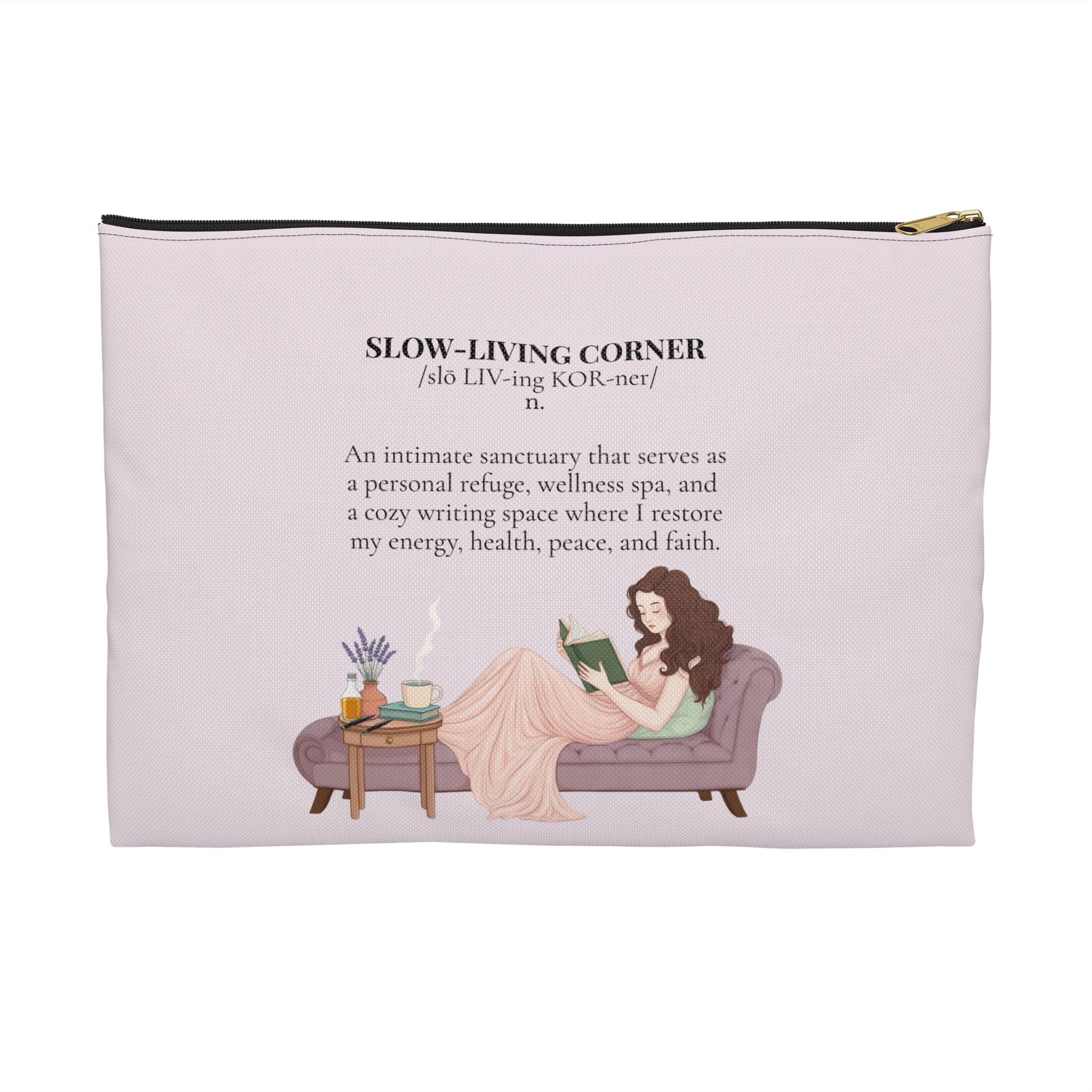 Accessory Pouch — Slow-Living Corner & Lavender Tea Bible Faith Quote (Pink)