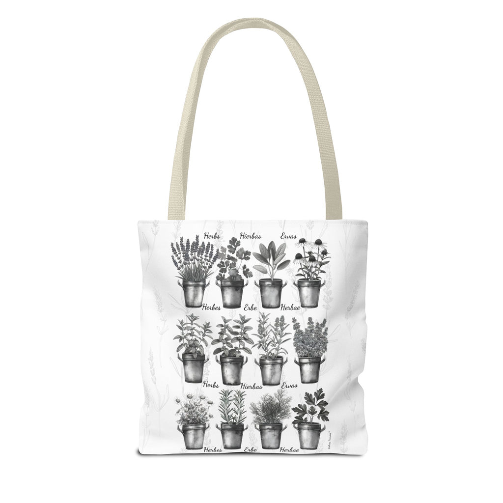 6 Language Black & White Herbal Garden Tote Bag | Botanical Shopping Tote | Eco-Friendly Grocery Bag, Plant Lover Gift, Garden Decor, Mothers Day
