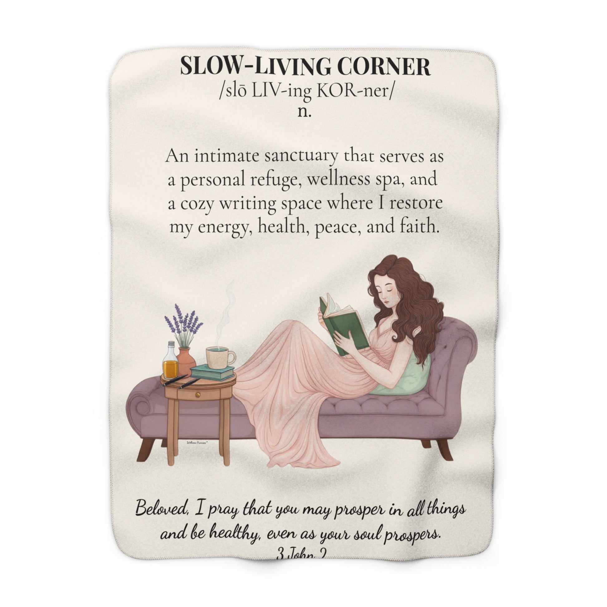 Slow-Living Corner Sherpa Fleece Blanket — (Beige Color) Cozy Spiritual Sanctuary Throw with Scripture